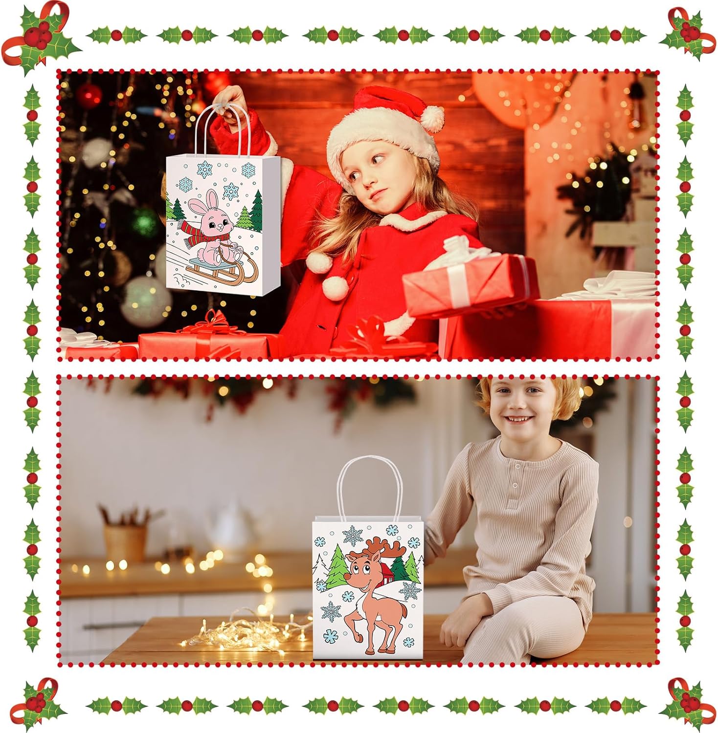 24 Pcs Color Your Own Winter Wonderland Bags Reusable Christmas Coloring Goodies Snowman Reindeer Kraft Paper Tote Candy Bags Winter Coloring Craft for Xmas Party Favor Supplies