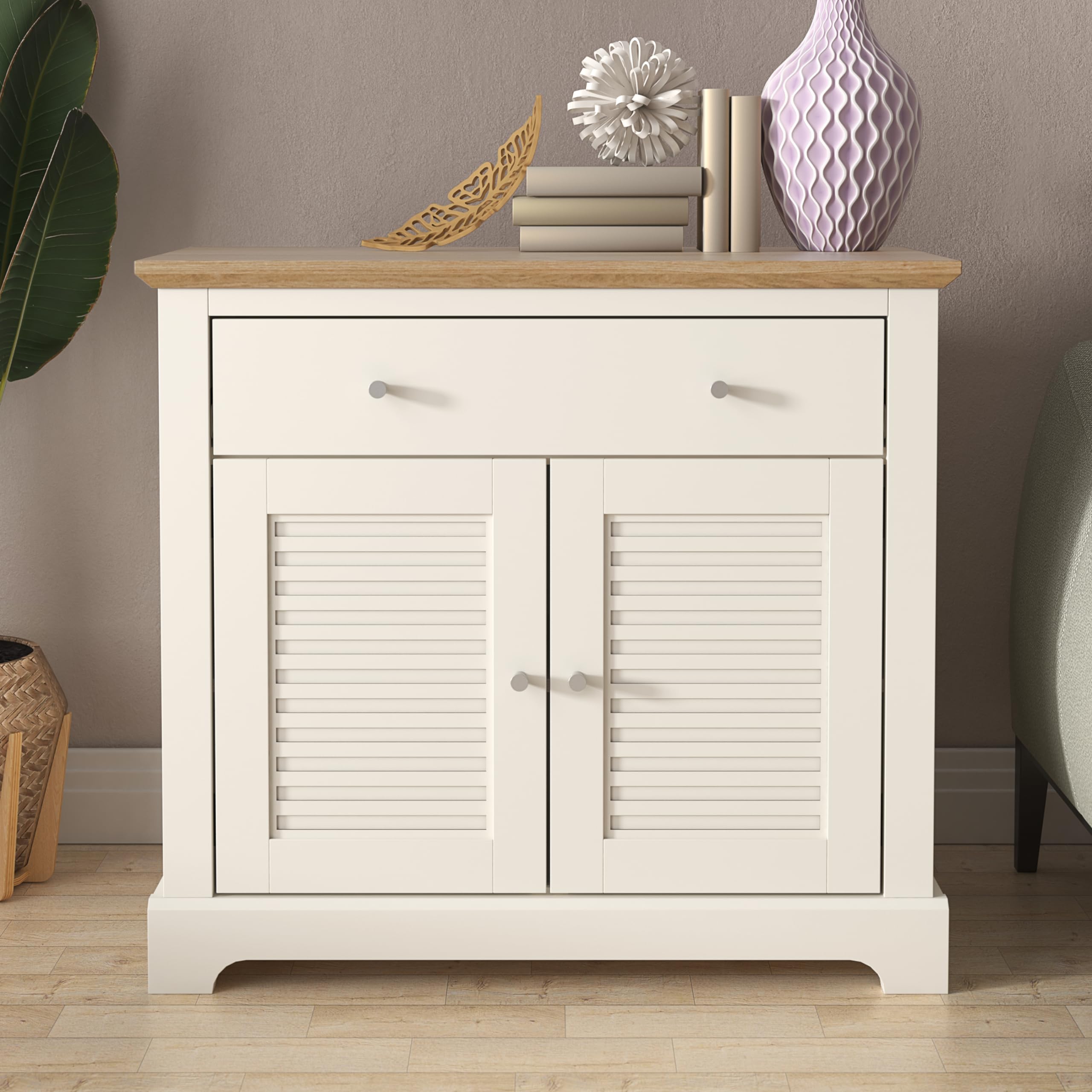 Galano Milan 2 Door 1 Drawer Sideboard – Modern Storage Cabinet with Adjustable Shelves for Living Room, Kitchen or Hallway – Ivory/Oak
