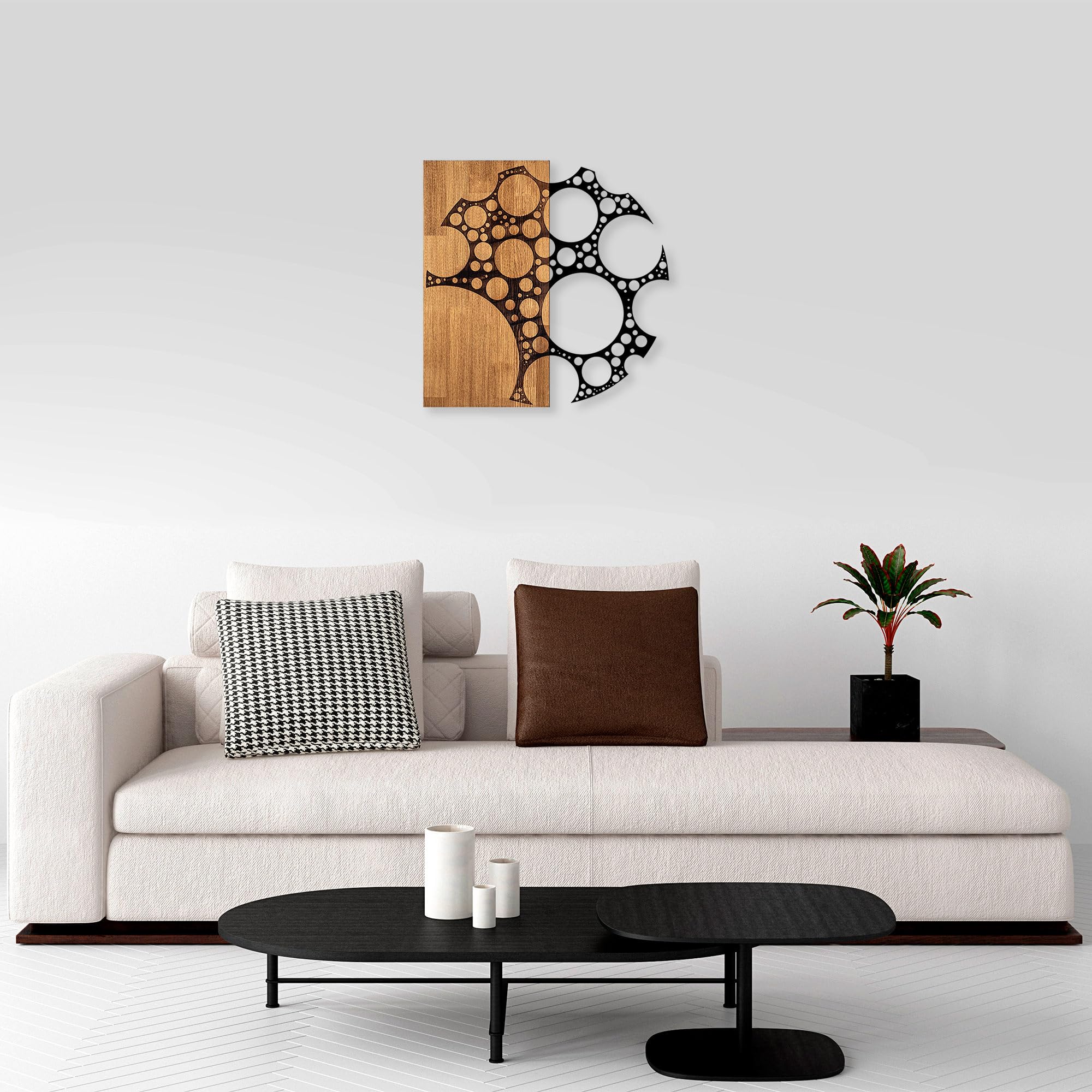 Elegant Decorative Wooden Wall Accessory, 58 x 58 cm, Walnut & Black, 50% Wood (3 cm) & Metal (1.5 mm), Unique Texture & Colour Variations