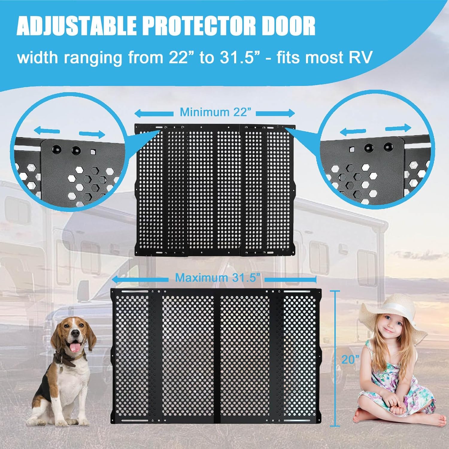 RV Screen Door Protector for Dogs, Adjustable Aluminum Alloy RV Entry Grille Protectors Pet Guard Defender Accessories for Inside RV Camper Trailer Pets Kids Protection(22 to 31.5 Inches, Large)