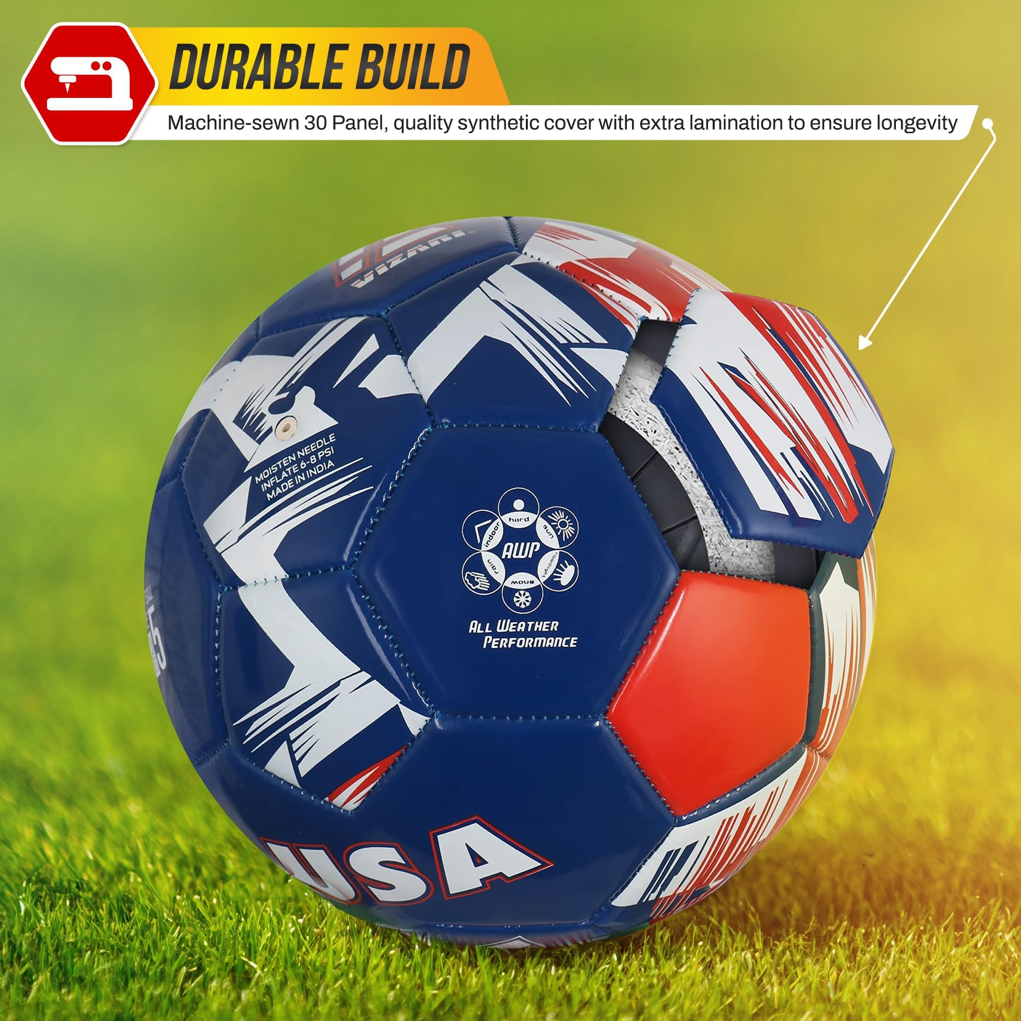 Vizari Pallone da calcio della squadra nazionale, resistente pelle sintetica e gomma, tre misure, nove palle country – aumenta il tuo gioco con l'iconica rappresentazione del team (3, blu navy/USA)