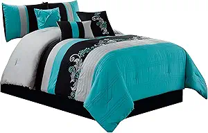Chezmoi Collection Napa 7-Piece Luxury Leaves Scroll Embroidery Bedding Comforter Set (King, Teal Blue/Gray/Black)