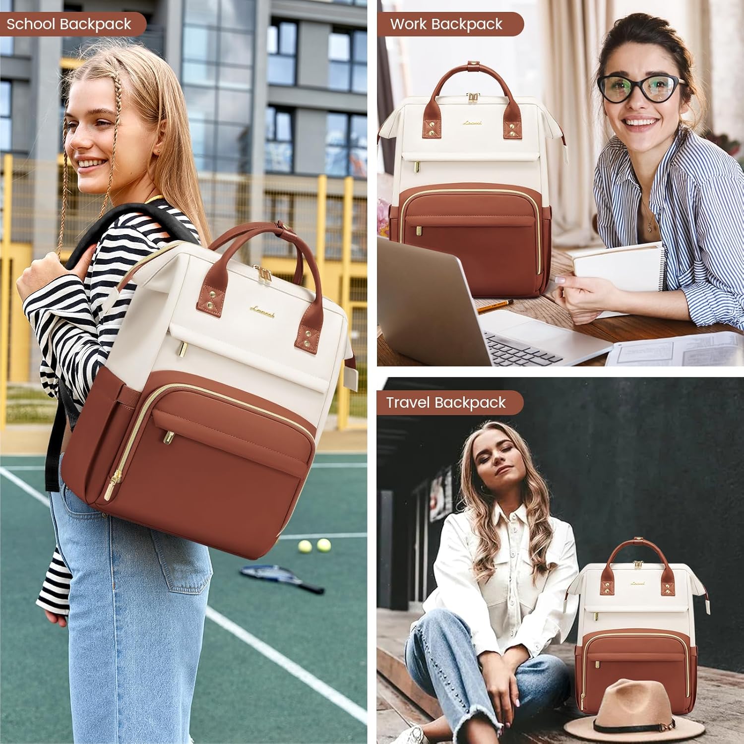 LOVEVOOK Leather Backpack for Women,17 inch Leather Laptop Backpack Women,Professional Work Backpack Nurse College Teacher Bag,Womens Laptop Tote Bag Computer Travel Backpack Purse,Beige White-Brown - Image 6