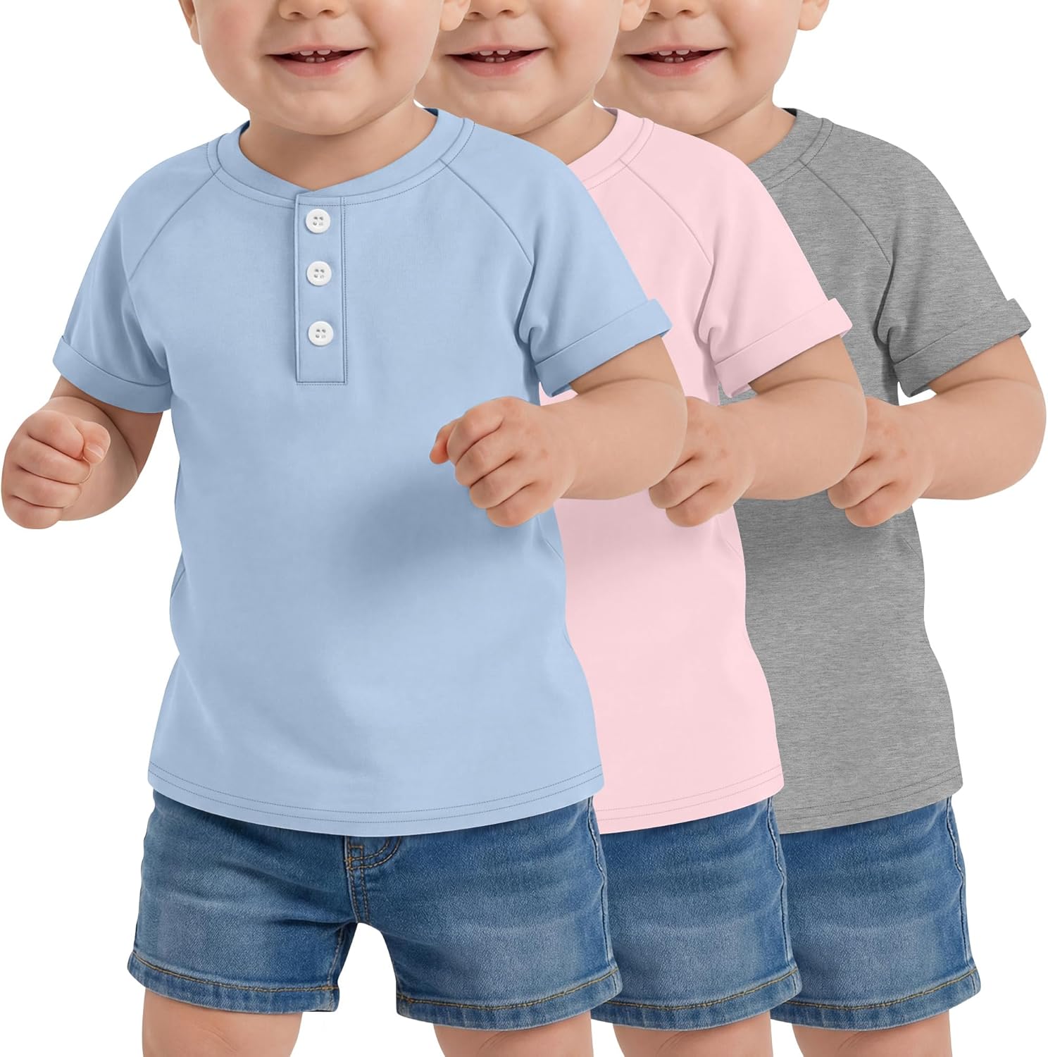 3 Pack Toddler Short Sleeve Henley Shirts for Boys Girls Rolled Cuff Solid Tee Tops Button T Shirts Size 18M-5T