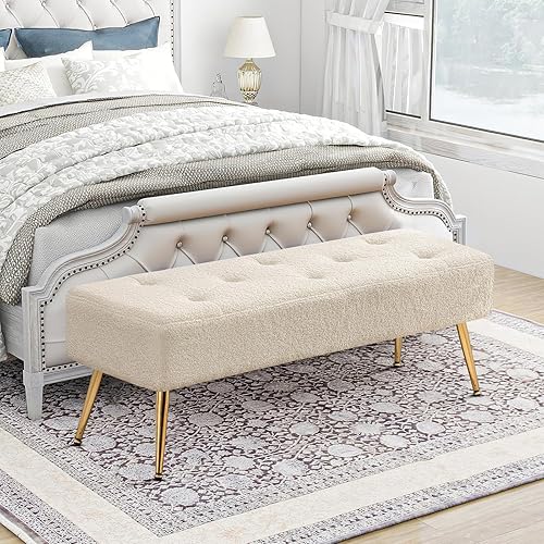 Miniatura 7 de Furniliving Banco otomano moderno de 44 pulgadas, banco de entrada tapizado de tela de piel sintética con marco de metal dorado para sala de estar,