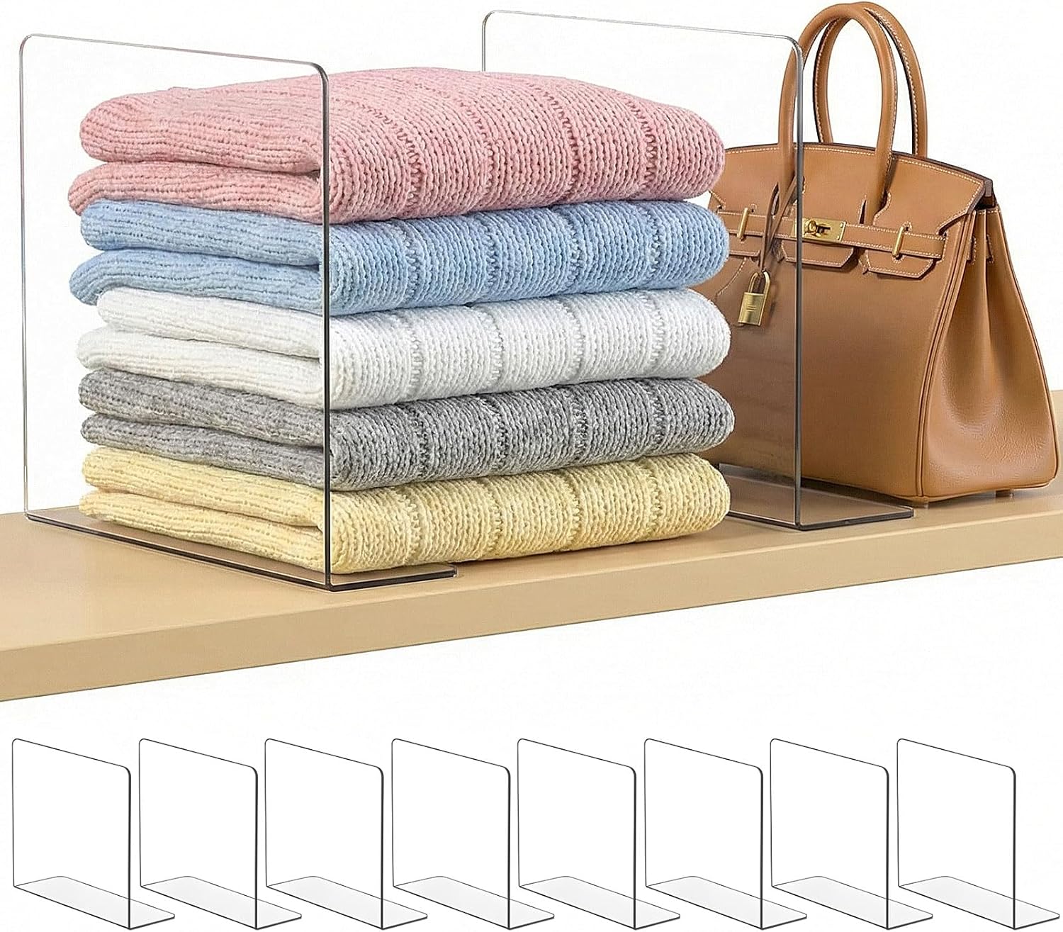 SortNStore Acrylic Shelf Dividers for Closet: 10" Tall x 12" Deep Adhesive Organizers, 8-Pack for Clothes, Purses & Bedroom Cabinets