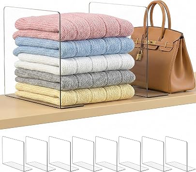 SortNStore Shelf Dividers for Closet Organization 10" Tall x 12" Deep, Adhesive Separators Features Acrylic Material and Provides Storage for Clothes and Purses in Bedroom Cabinets8-Pack