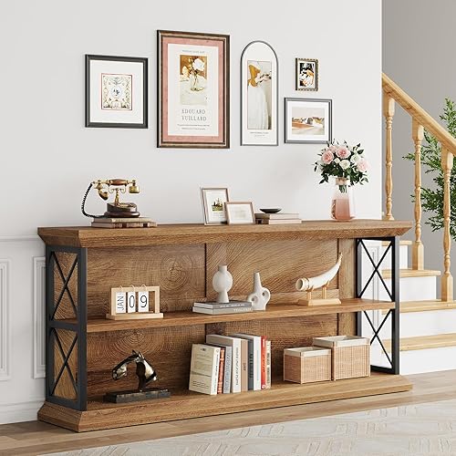 Miniatura 3 de Mesas consola de 63 pulgadas de largo para entrada con almacenamiento de 3 niveles, mesa de sofá de madera detrás del sofá para sala de estar,