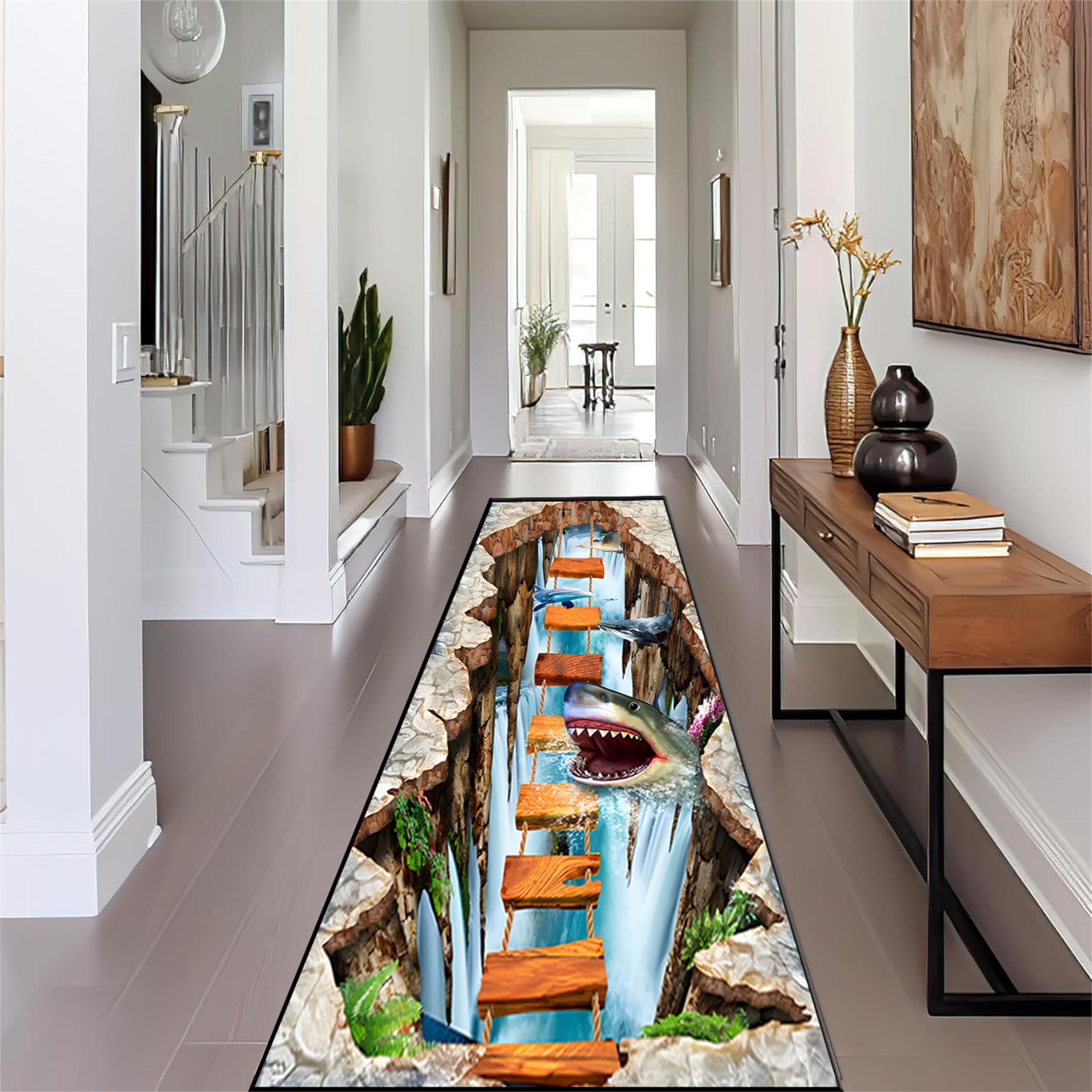 Srocvi Underwater World Runner Rug Ocean Theme Sea Life Sharks & Whales Print Design Long Carpet Three-Dimensional Nautical Throw Rug 3D Optical