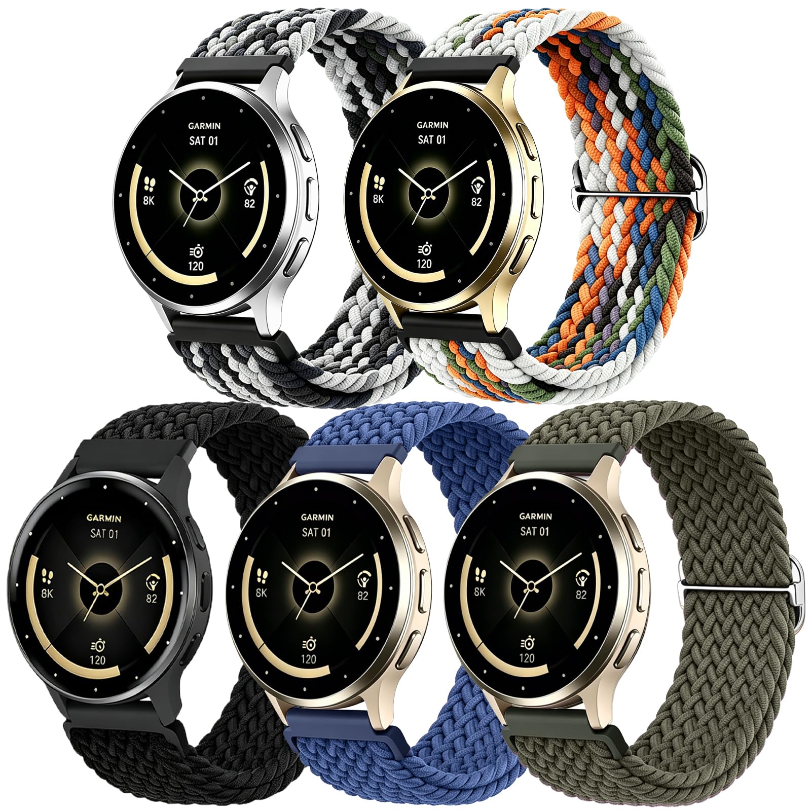 ZXgomg 5 Pack nylon Braided 18mm Watch Strap Compatible with Garmin Venu 3s/2s/Vivomove 3S/Vivoactive 4S Strap for Women Men, Soft Adjustable Bands for Garmin Forerunner 255s/265s/255s Music