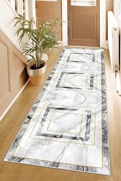 Pelangi Mermer Desenli Gold  er eveli Y kanabilir Kaymaz Taban Leke Tutmaz Modern Salon Hal s  ve Yolluk, Beyaz-Gri 80 x 600, 955549311806007