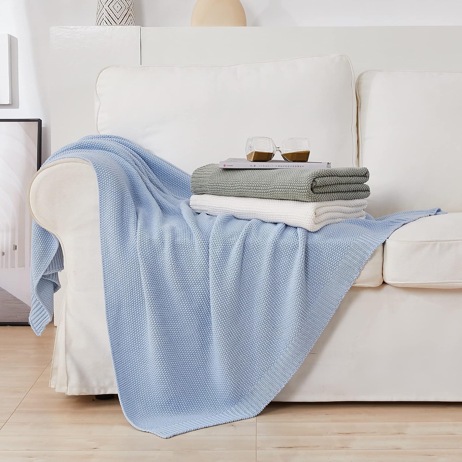 Longhui bedding 100% Cotton Light Blue Cable Knit Throw Blanket for Couch Sofa Bed Home Décor – Lightweight 50“ x 60”, Bonus Laundering Bag, Machine Washable