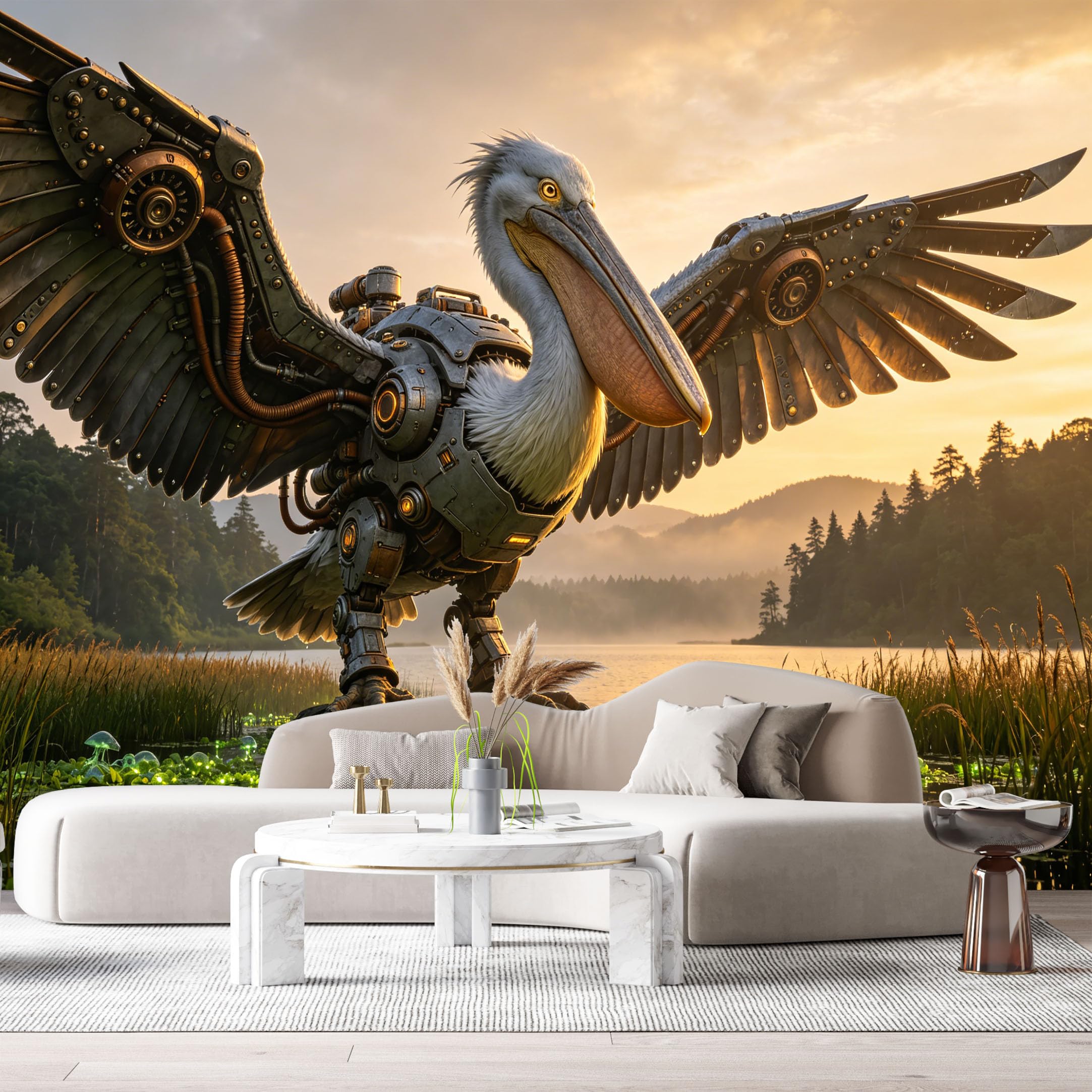 Custom Size Wall Mural Mechanical Bird Mech Steampunk Robot Pelican Textured Futuristic Metal Art SelfAdhesive Art Prints Removable Large Wallpaper Esports Room Game Room Tenant Room Studio