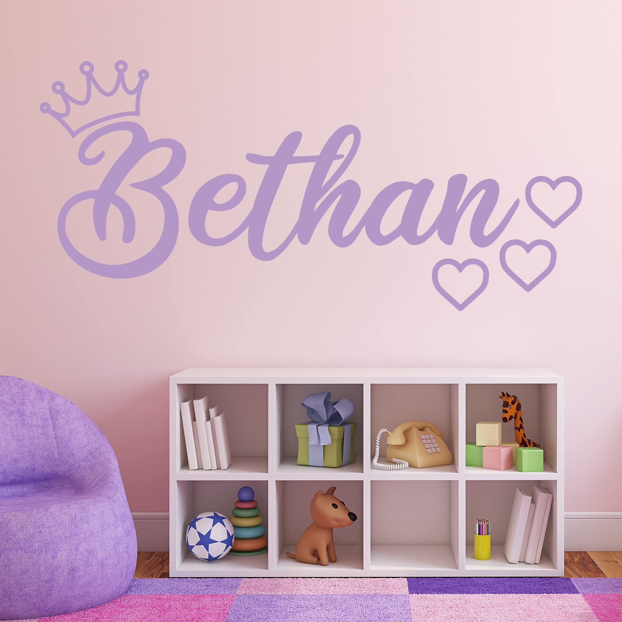 Beautiful Game Purple Personalised Name Princess Crown And Hearts Wall Sticker Bedroom Art Decal Mural Kids (120Cm Width)