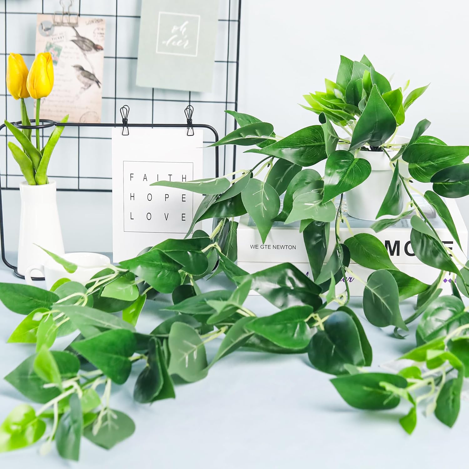 Der Rose 2Pcs Fake Plants Artificial Potted Faux Hanging Ivy Vines Plants Indoor for Home Bathroom Shelf Wall Bookshelf Decor - Image 8