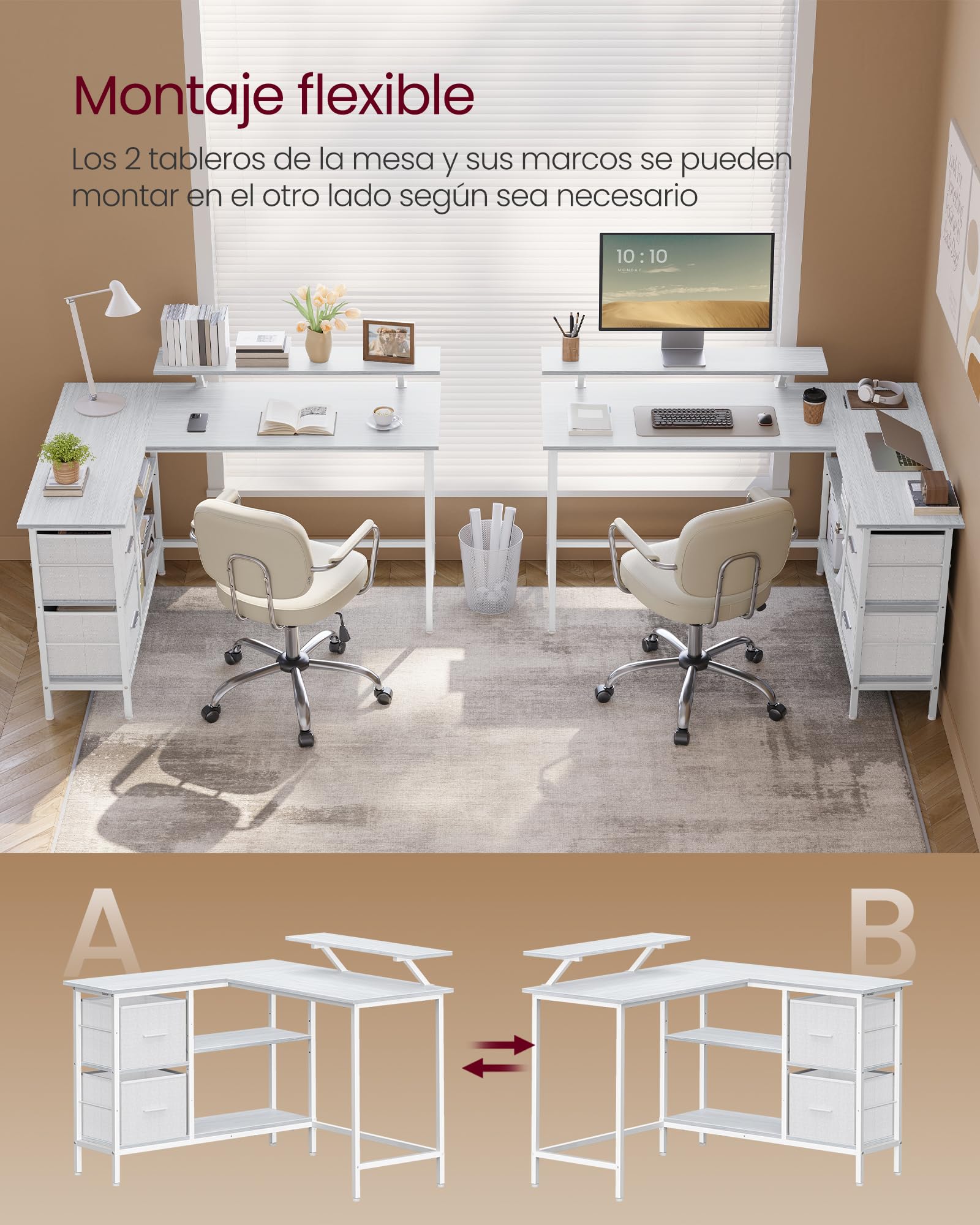 VASAGLE Escritorio en Forma de L, Esquinero, con 2 Amplios Cajones, Mesa con Soporte para Monitor, para Esquina, con Estante Ajustable, para Oficina Casa, Blanco Arce LWD097W01