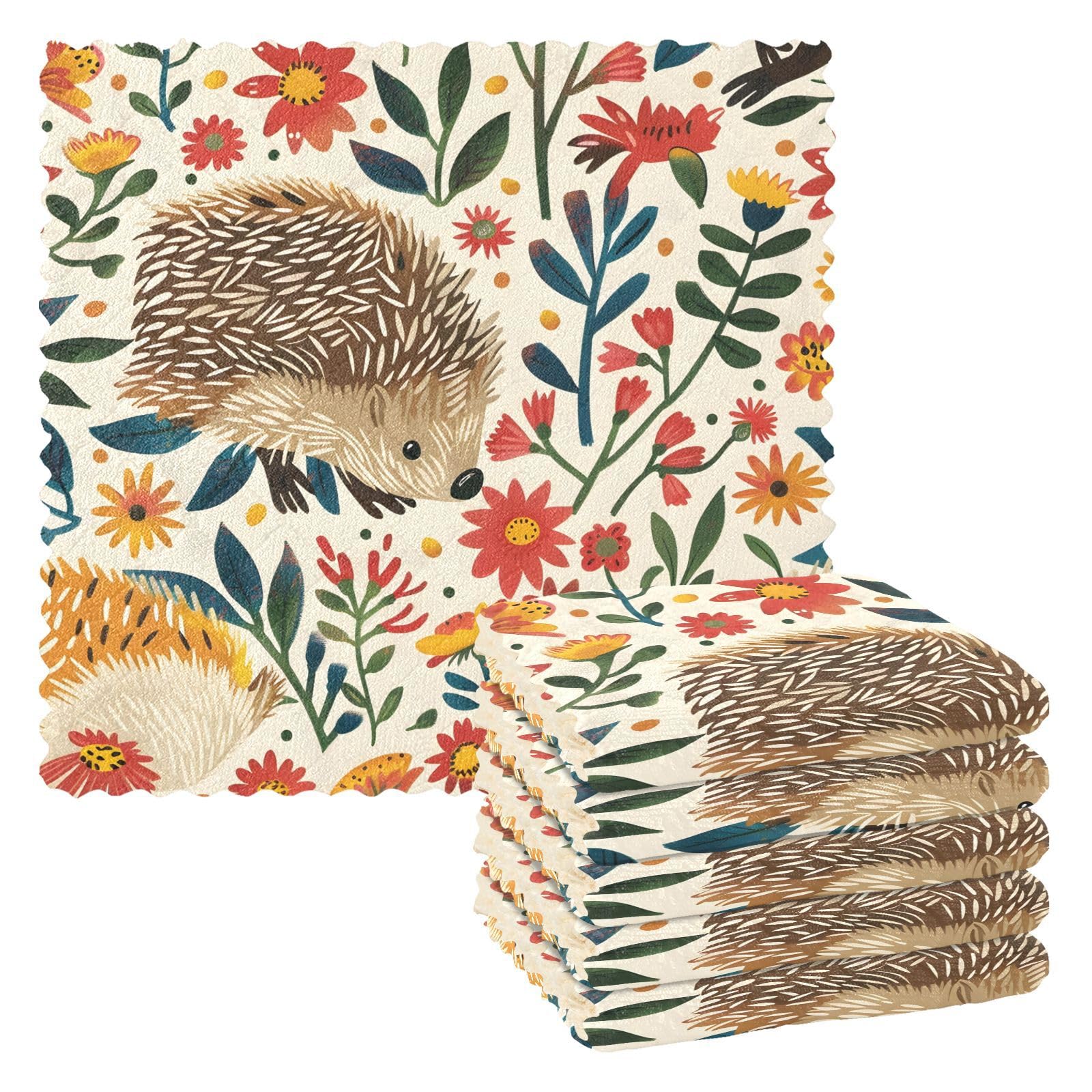 Mnsruu Microfibre Cleaning Cloths Hedgehog Flower Forest Animal Reusable Dish Cloths for Washing Up 6 Pack Swedish Dishcloth Microfibre Cleaning Towels Washable Duster Rags Cloth Home