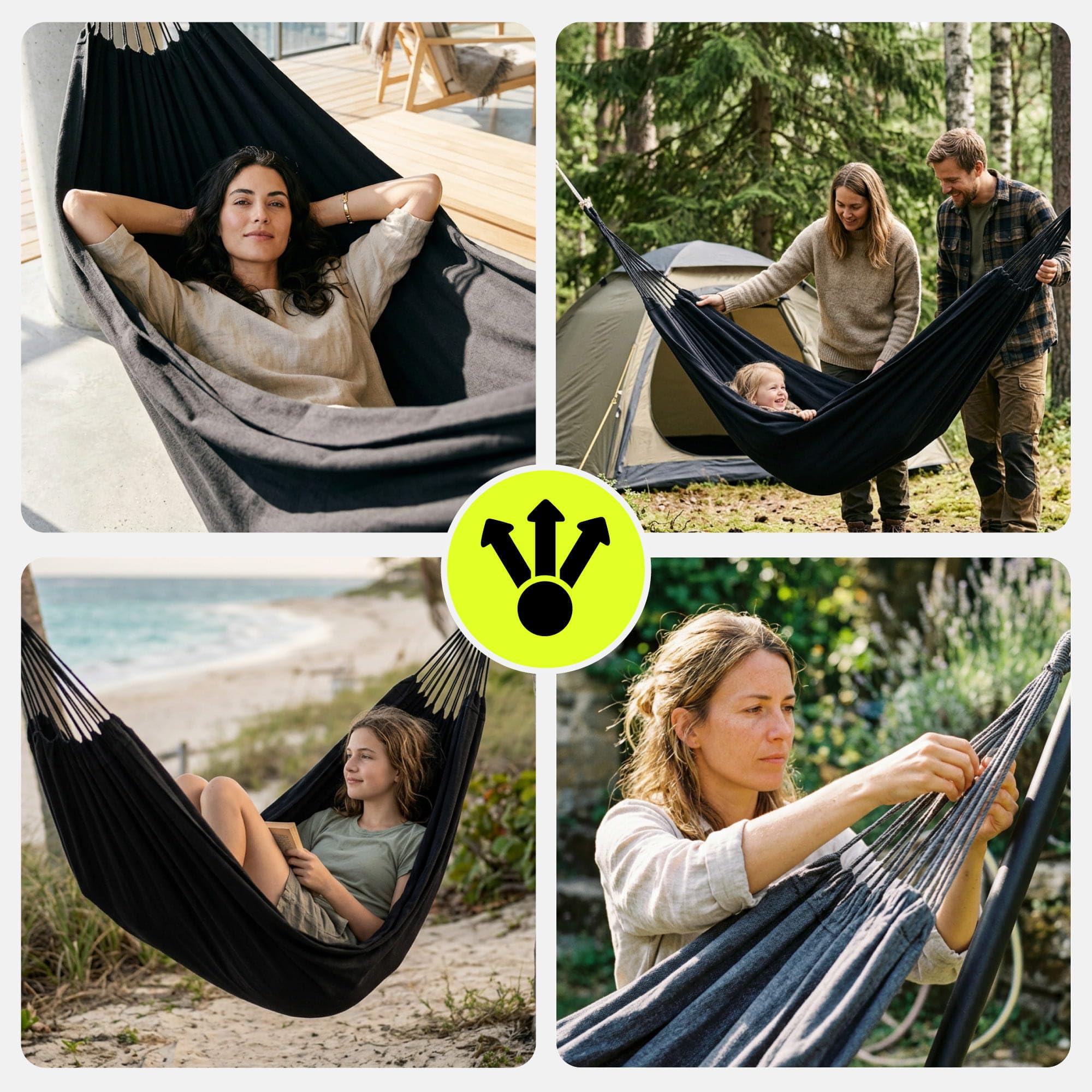 HyperMotion Hamac de Jardin en Polyester et Coton, 200 × 150 cm, Gris, Capacité 100 kg, 2 Personnes, avec Sac de Transport, pour Terrasse, Balcon et Camping