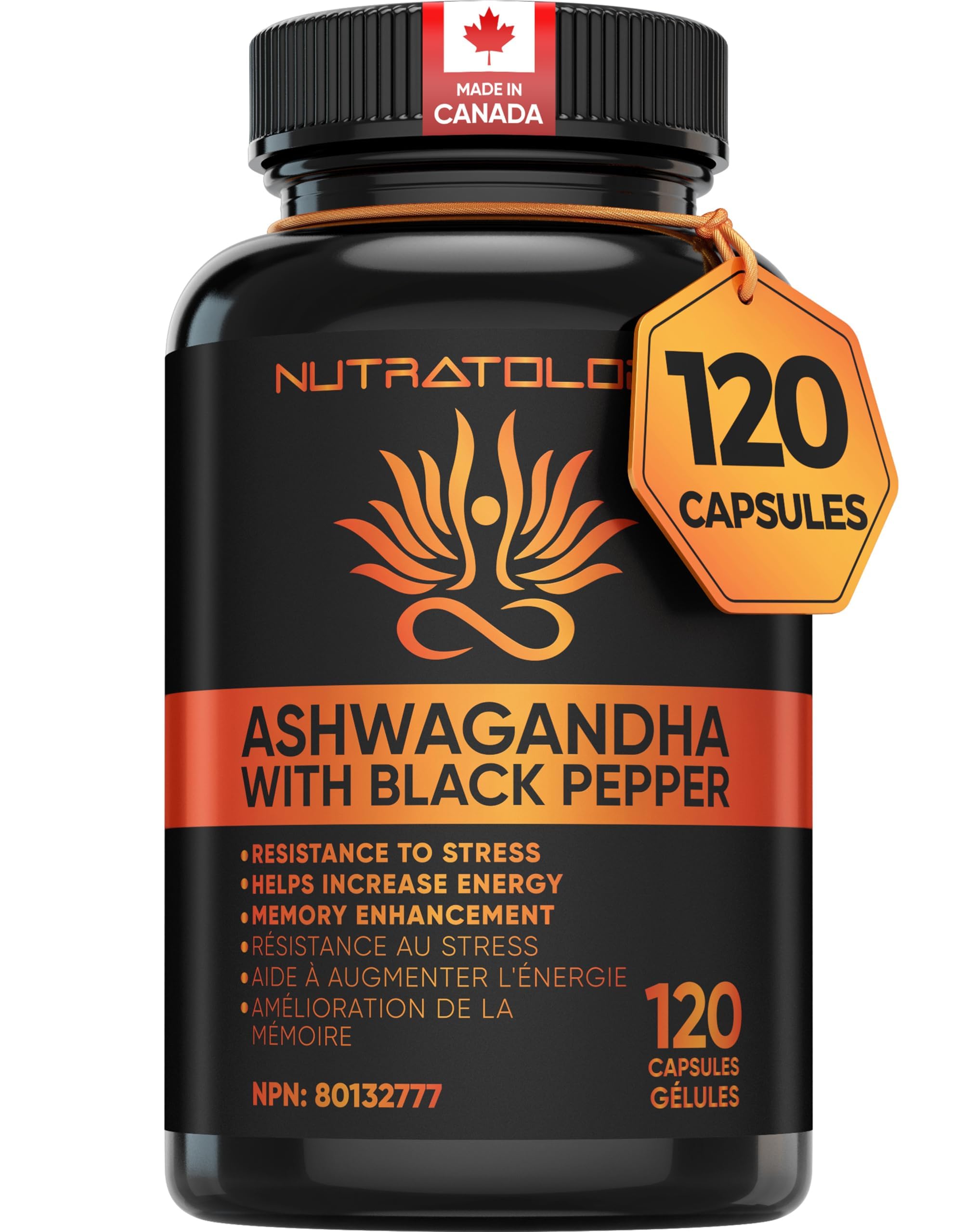 Nutratology Organic Ashwagandha | Canadian-Made | Increases Resistance To Stress & Supports Memory Enhancement - With Black Pepper For Enhanced Absorption | 650MG Ashwagandha Per Capsule - 120 Capsule