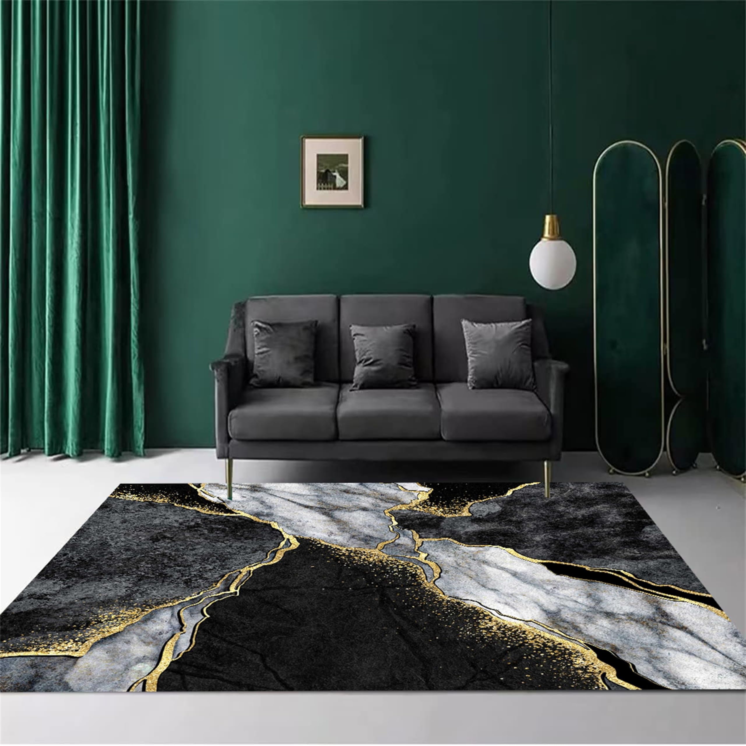 AOESELN Marble Rugs for Living Room,180x230cm Marble Rugs,Black and Gold Abstract Luxury Modern Area Rug,Washable Non Slip Carpets Soft Low Pile Mats for Room Decor