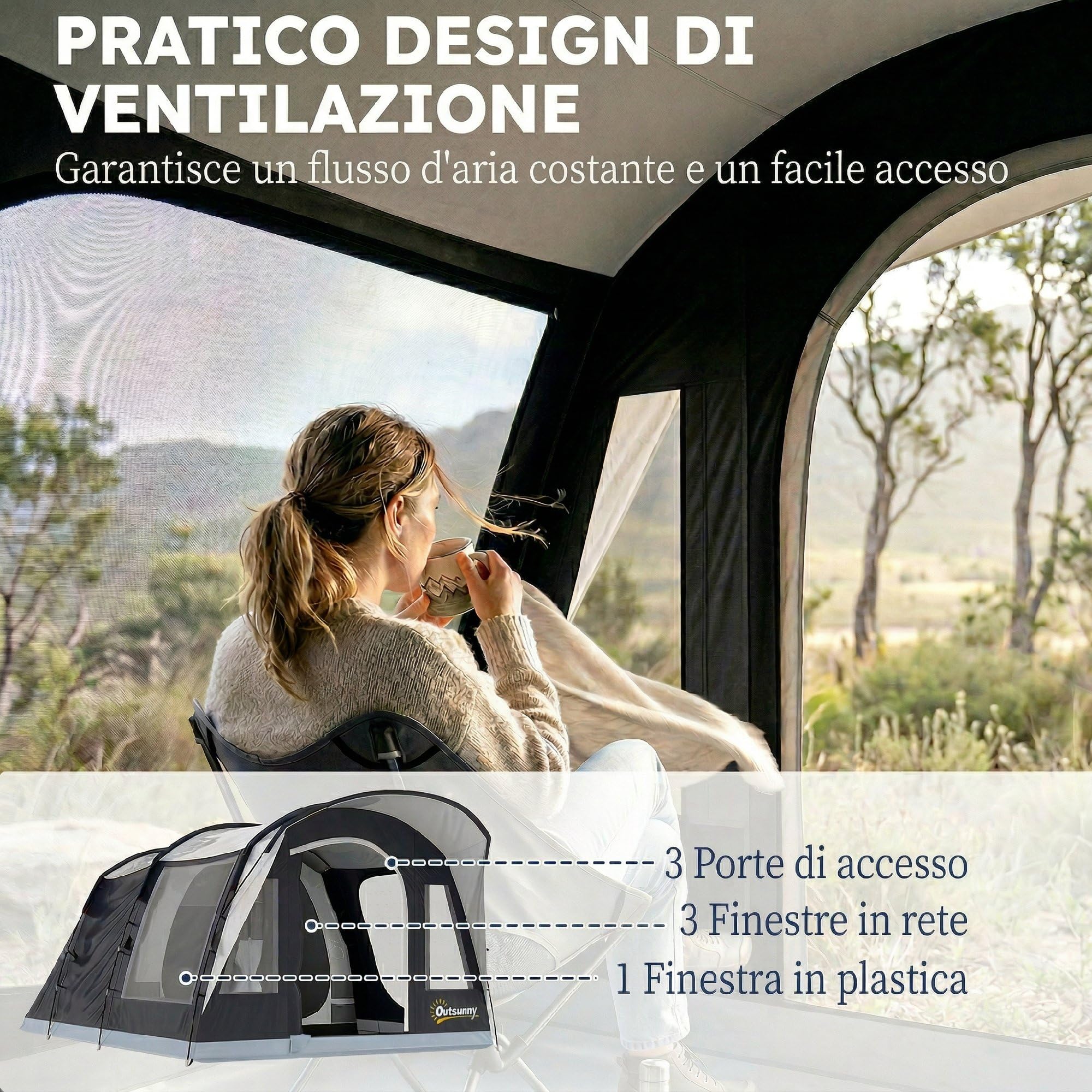 Outsunny Tenda Campeggio a Tunnel per 2-4 Persone Alta 213cm con 2 Stanze, Tenda da Campeggio Familiare Impermeabile 3000mm Veranda, Finestre, Tasche, Gancio, Borsa Trasporto per Trekking, Blu Navy