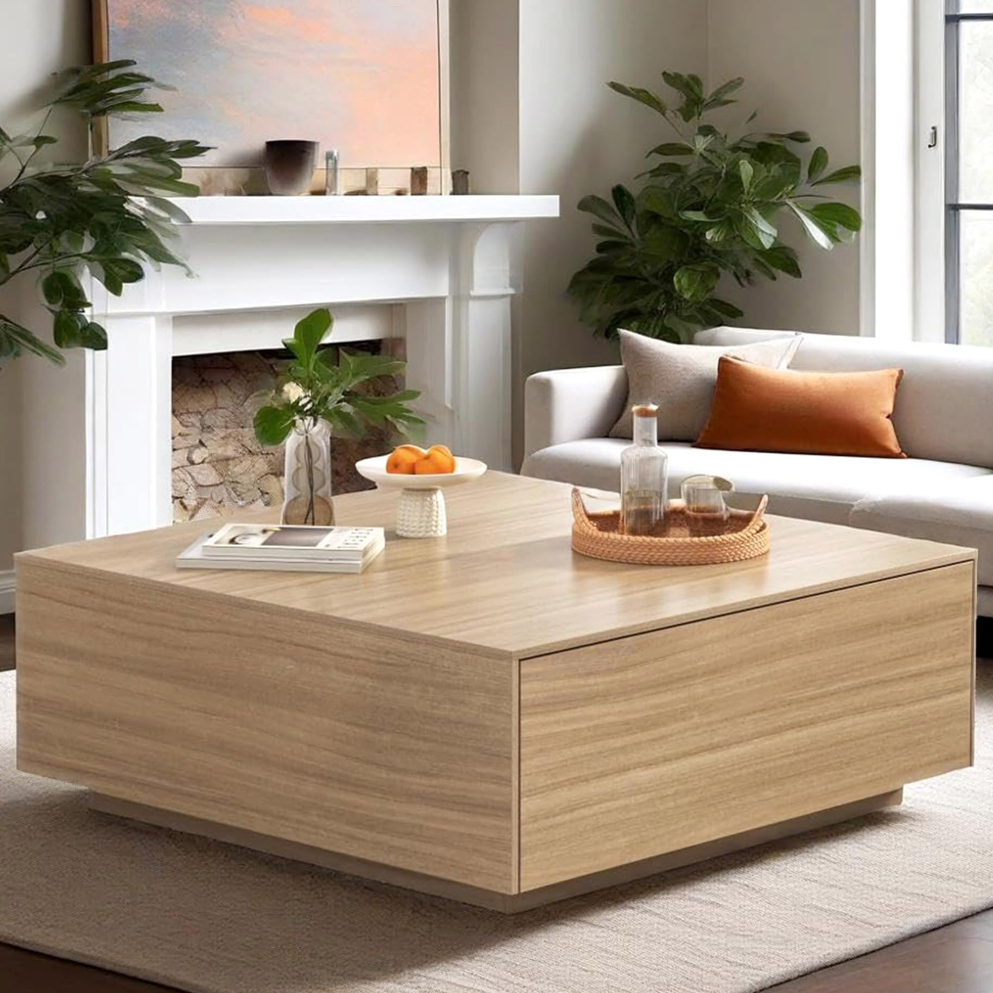 47” Square Coffee Table with Storage, 47" D x 47" W x 17" H Modern Large Square Center Table with 2 Drawers,Wood Coffee Table for Living Room,Bedroom(Light Brown) Light Brown 47" L x 47" W x 17" H