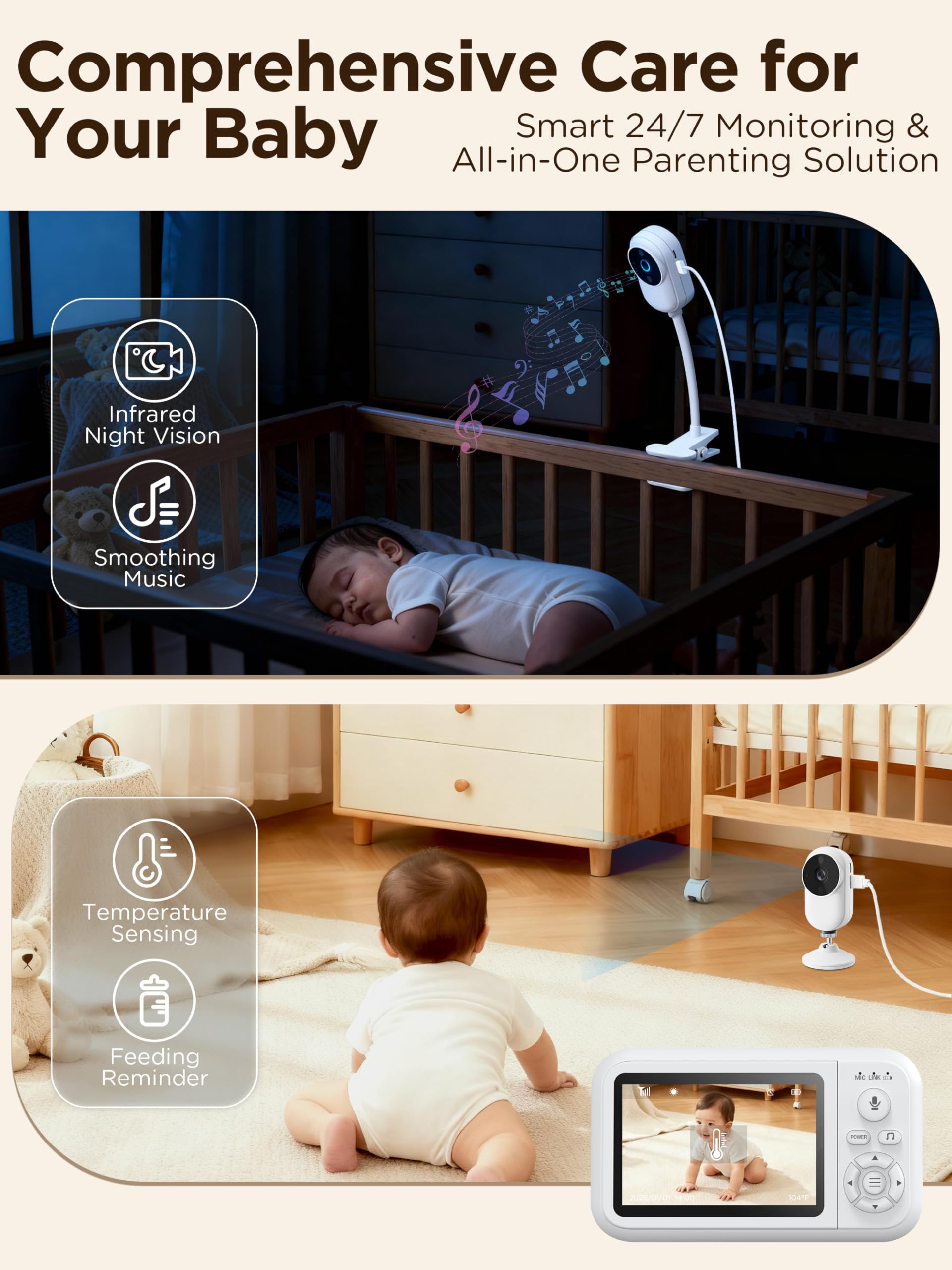NUOTUN Babyphone Camera avec Clip et Support pour Lit, 1080P Camera Bebe Surveillance sans WiFi, Vision Nocturne （63-UK）