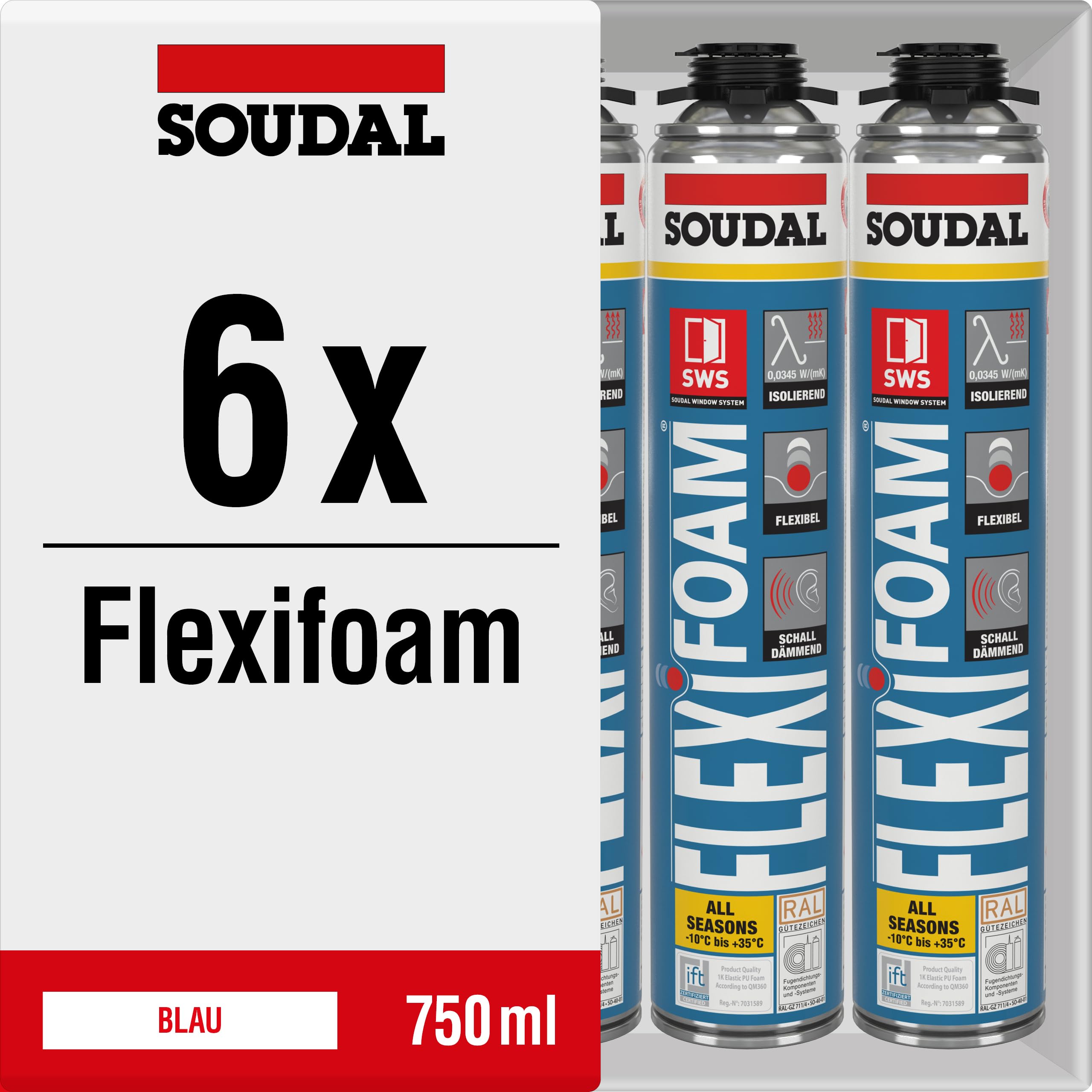 Soudal Flexifoam Gun Lot de 6 pistolets 750 ml – Mousse polyuréthane très élastique de qualité supérieure pour la rénovation et la construction – Lot économique (6)