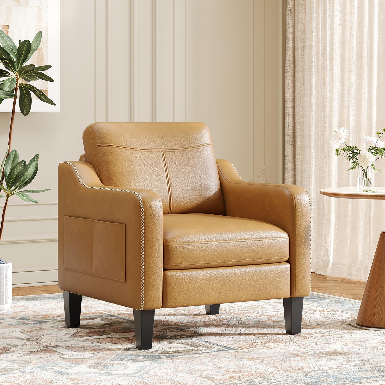 malol pu leather accent chair, mid-century modern living room armchair sofa with removable cushions, solid wood frame & stitched armrest design, bedroom chair with plastic legs, brown(similar)