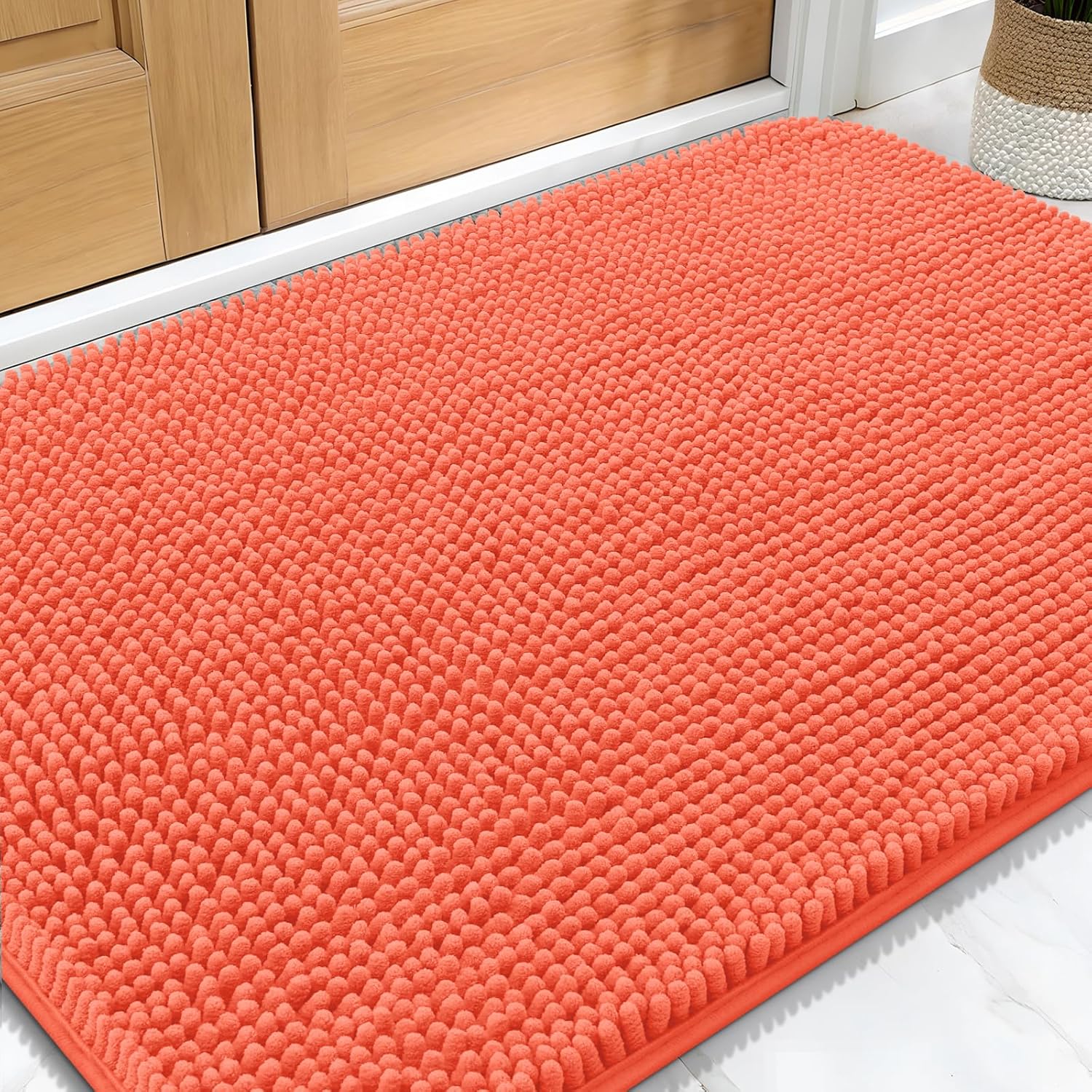 OLANLY Dog Door Mat for Muddy Paws 30x20, Absorbs Moisture and Dirt, Absorbent Non-Slip Washable Doormat, Quick Dry Chenille Mud Mat for Dogs, Entry Indoor Entryway Carpet for Inside Floor, Coral