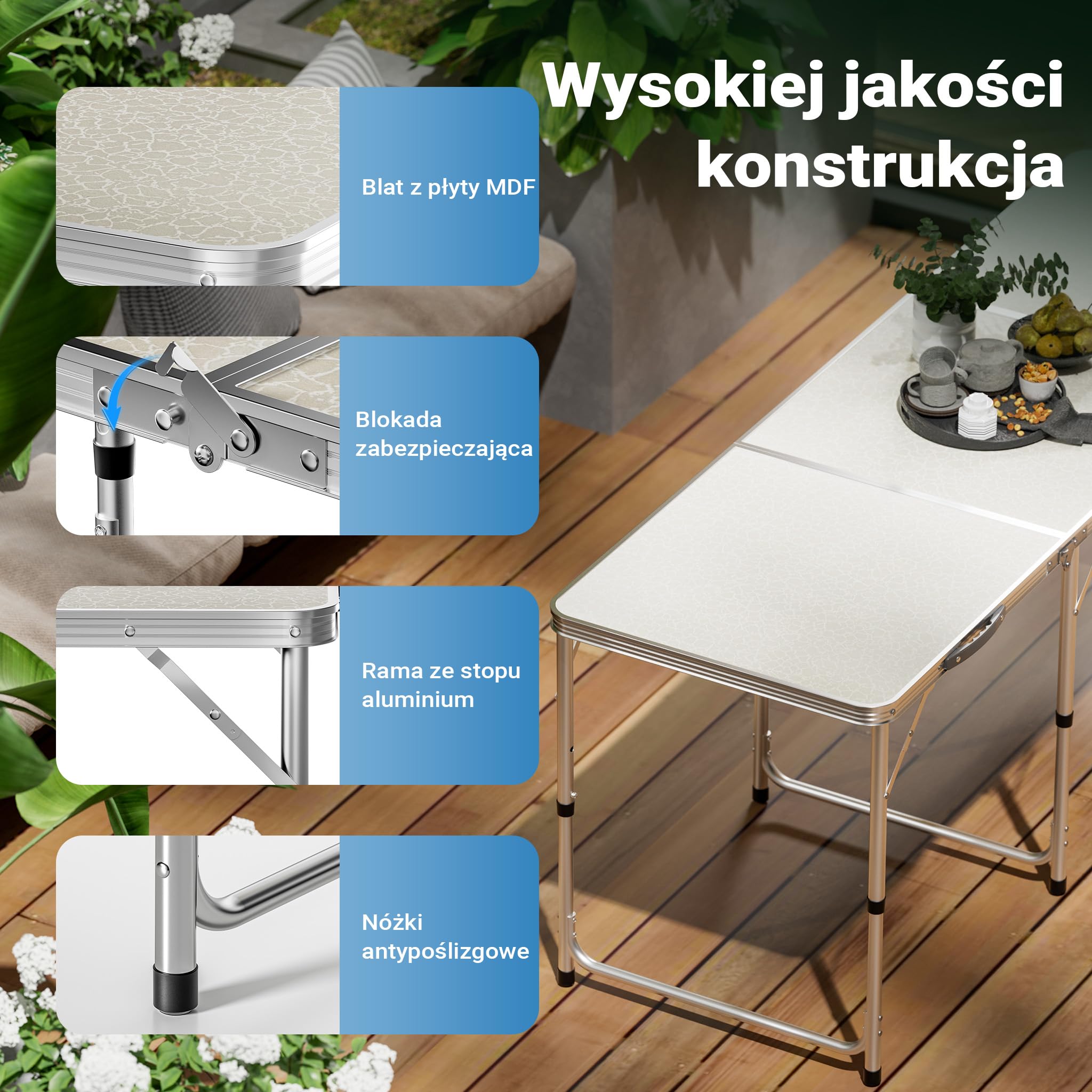 Składany stolik turystyczny 180x60x70 cm z regulacją wysokości, lekki ogrodowy stół kempingowy z aluminium i MDF, meble kempingowe na biwak