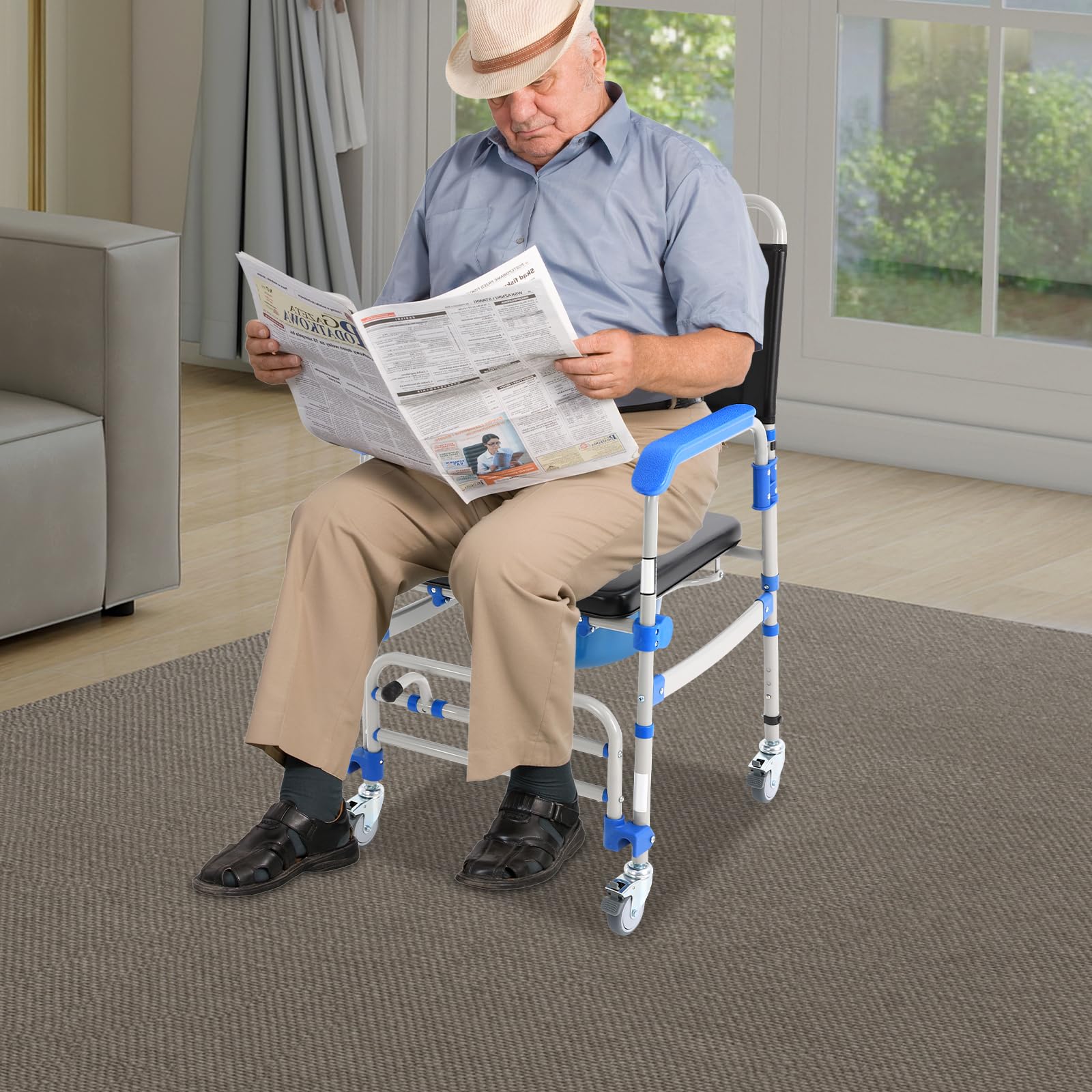 Silla de inodoro para personas mayores, plegable con ruedas, capacidad de carga de 125 kg y 4 ruedas de freno, altura ajustable (41-49 cm), para personas mayores y personas con movilidad reducida
