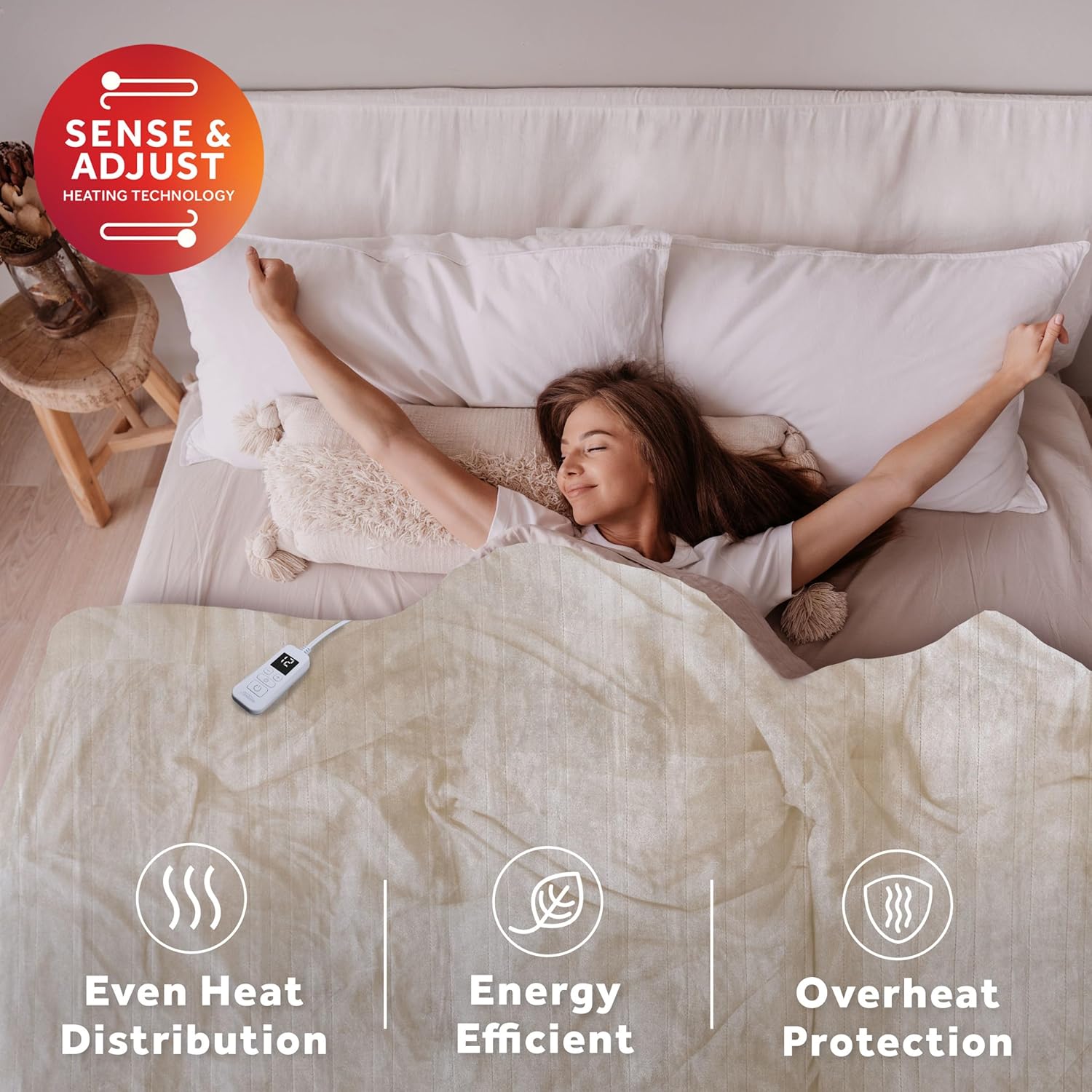 A person comfortably resting in bed with the heated blanket, illustrating even heat distribution, energy efficiency, and overheat protection features.