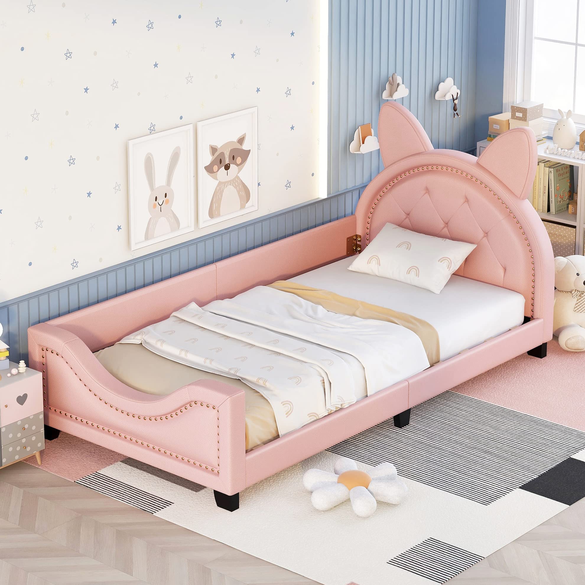 Leather Upholstered Daybed Tufted Sofa Bed w/Cartoon Headboard&Footboard for Living Room,Low Profile Captain's Bed Platform Bedframe w/Wooden Slats for Boy Girl,No Box Spring Needed, Twin Size (Pink)