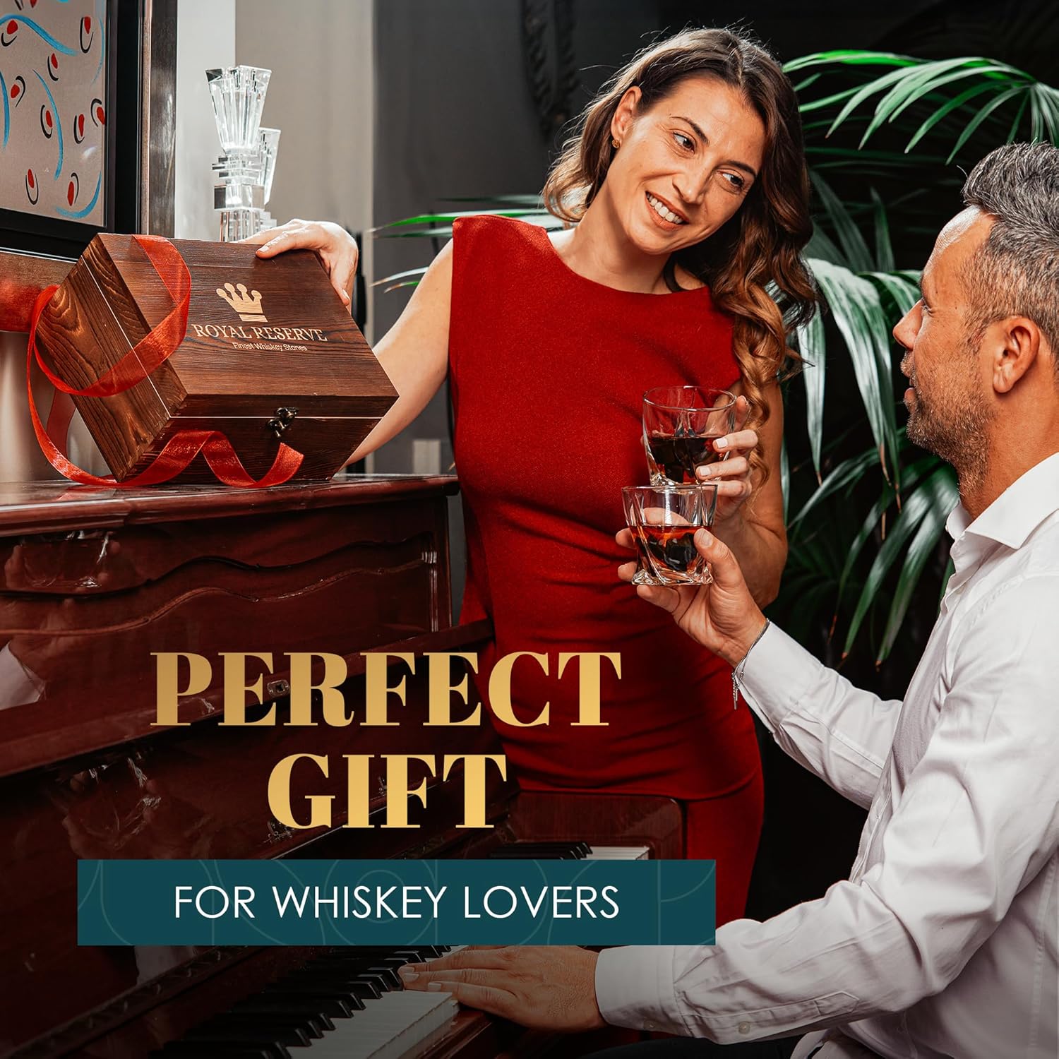 Royal Reserve Whiskey Glasses Set - 2 Crystal Bourbon Glasses with Chilling Stones & Coasters – for Scotch Cocktail Rum Vodka Liquor - Whiskey Gift for Men Dad Boss Boyfriend Anniversary & Birthday