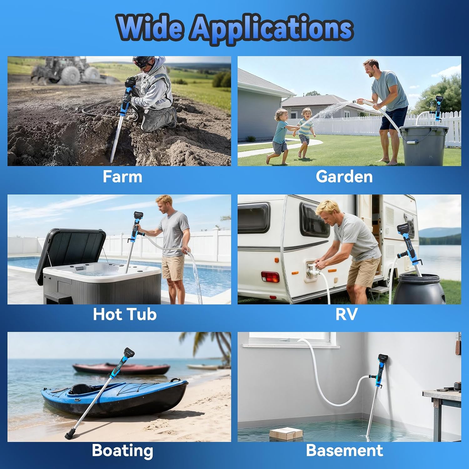 Cordless Stick Water Transfer Pump 720GPH 32FT Head Included 2x4000mAh 21V Battery and Charger 90 Minutes Run Time Battery Water Pump 3/4" Outlet for Garden Farm Hot Tub Pool RV Boat Draining