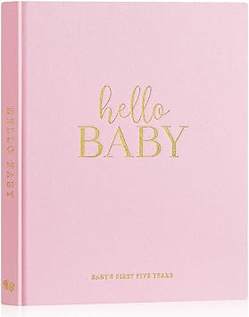 Lanpn Hello Baby First 5 Year Memory Book for Boy Girl - Linen Hardcover Baby Book Keepsake for New Parents - Newborn Baby Journal Scrapbook Photo Album Baby Milestone Book Pink, 154 Pages