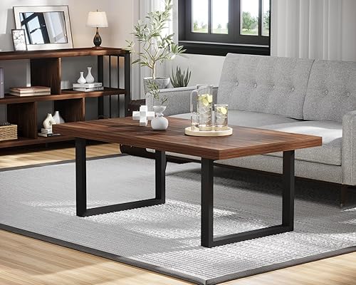 Miniatura 11 de IBF Mesa auxiliar rústica, de madera y metal, simple mesa central industrial moderna, mesa de cóctel rectangular minimalista de madera para sala de