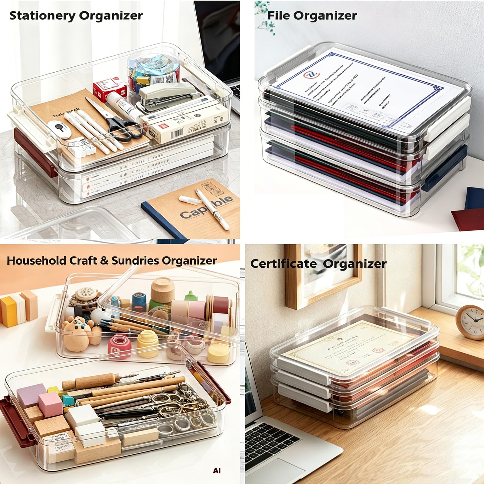 Paquete de 2 cajas de almacenamiento de plástico transparente con tapas, apilables, cajas de almacenamiento de papel para organizar papel de archivo A4, documentos, fotos, álbumes de