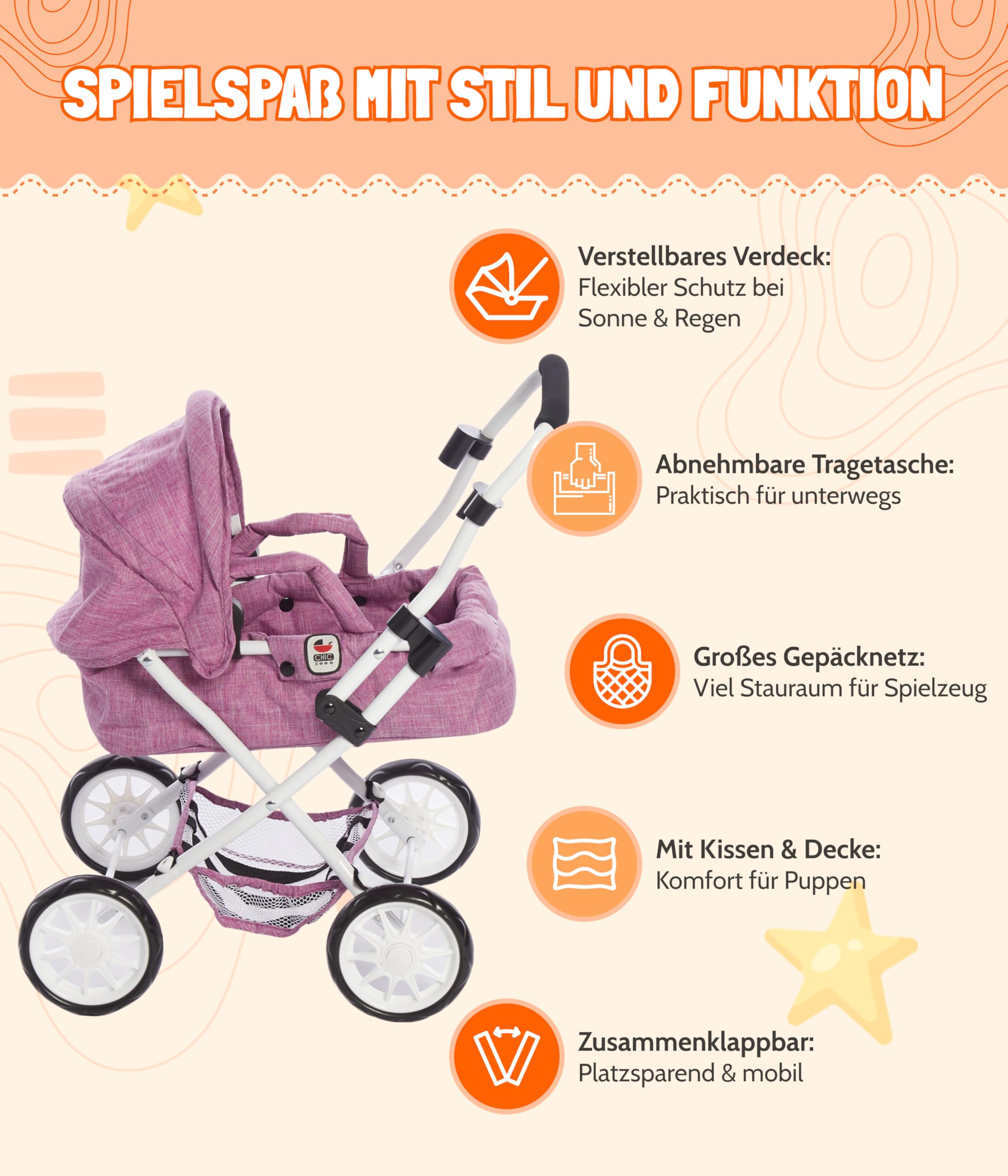 Bayer Chic 2000® Wózek dla lalek Smarty – dżinsy różowe – składany – z daszkiem, torbą, poduszką i kocem – wysokość uchwytu 56 cm – dla dzieci od 2 lat,