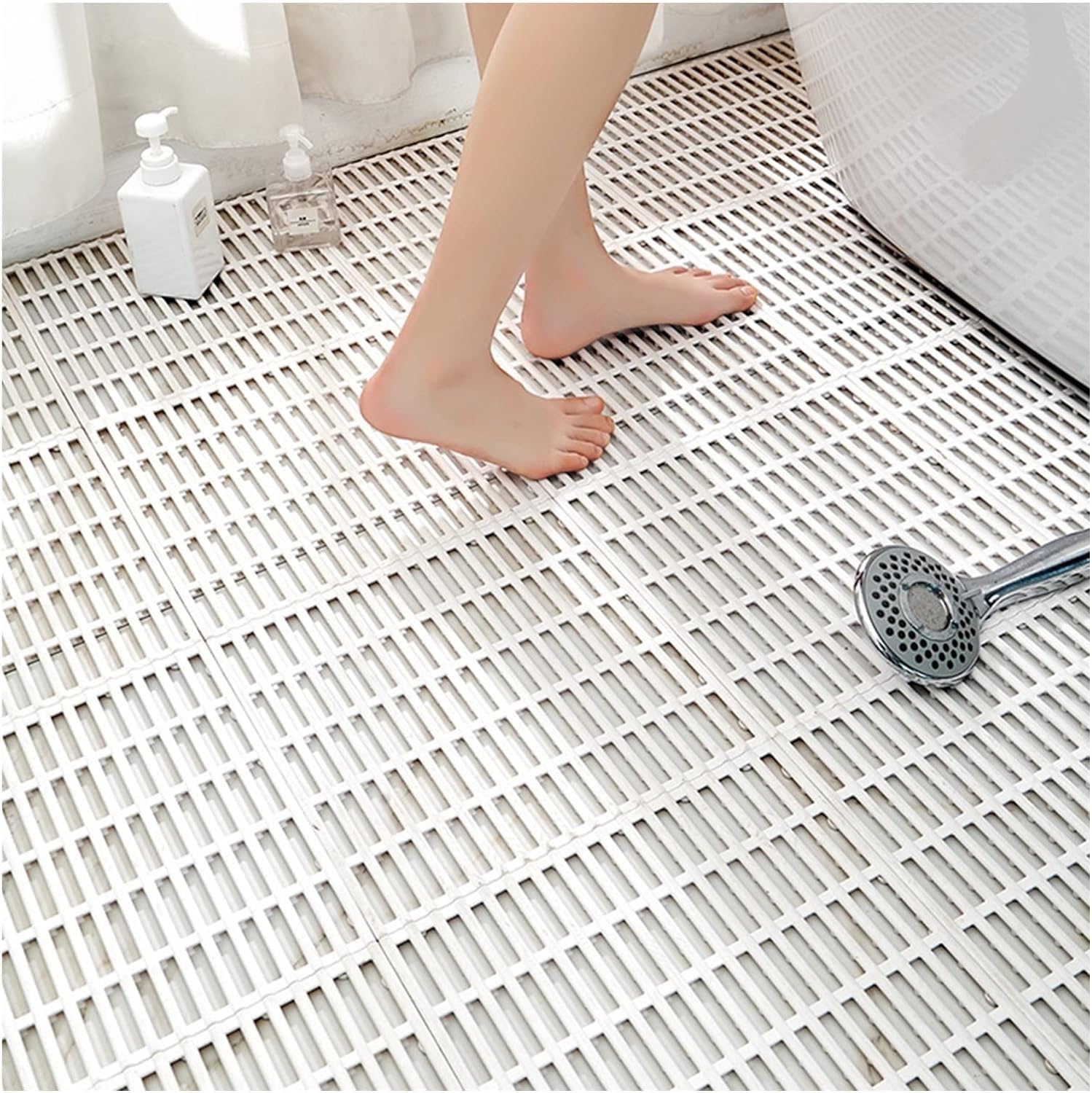 BHGFYXBS Shower Bath Mat, Tpe Non-Slip Shower Pedal Mat With Drainage Holes, Bathroom Toilet Swimming Pool Diy Floor Mat,White-6pcs-30x30cm