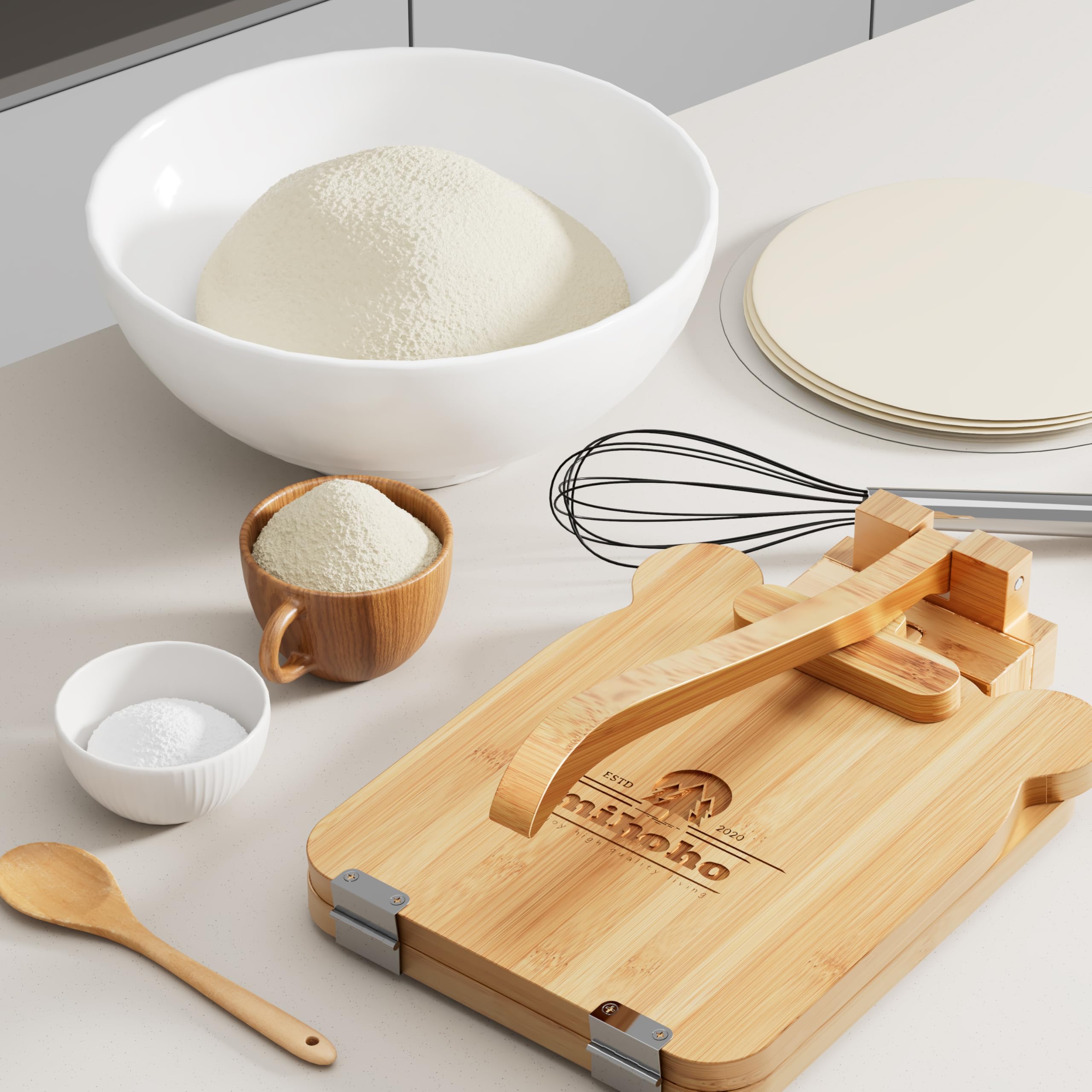 Presse à tortilla en bambou de 25,4 cm, presse à tortillera mexicaine faite maison pour tortillas mexicaines roti burrito, taco, pataconera (bois)