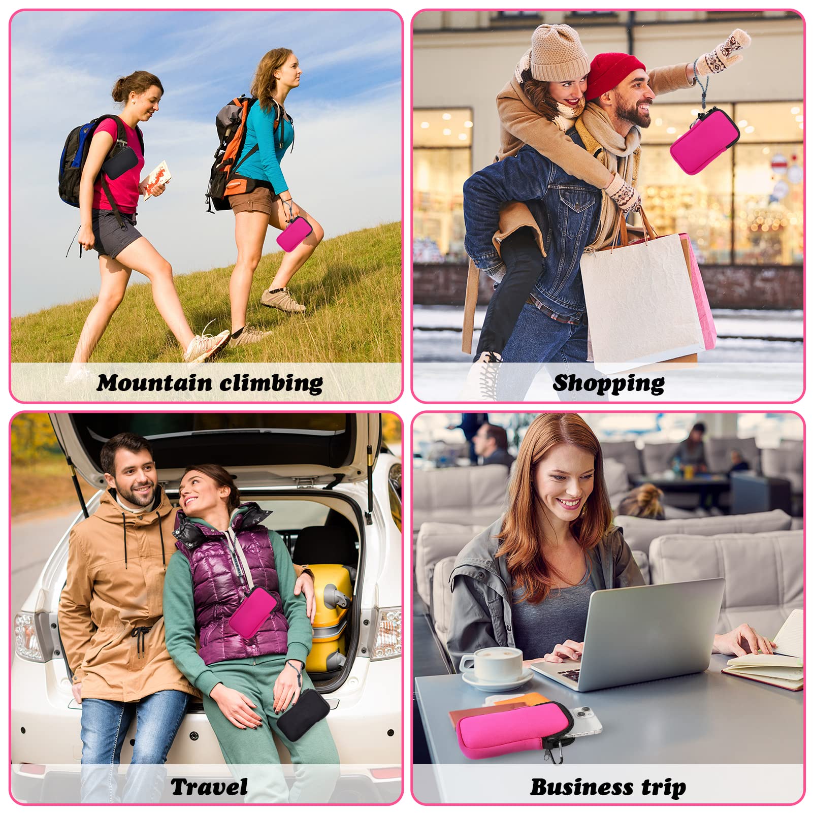 Custodia in Neoprene con Cerniera per Smartphone, Universali Astuccio Portacellulare a Sacchetto Borsa Verticale impermeabile Custodia per Telefono con Cordino e Moschettone for iPhone, Samsung, Rosa