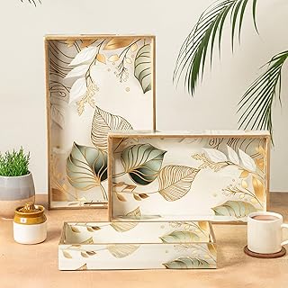Wooden Serving Tray with Gold Engraving Set of 3 Size : 16 x 10 inch, 14 x 8 inch & 12 x 6 inch Enamel Coated Waterproof Rectangular Decorative Trays White Leaf Set