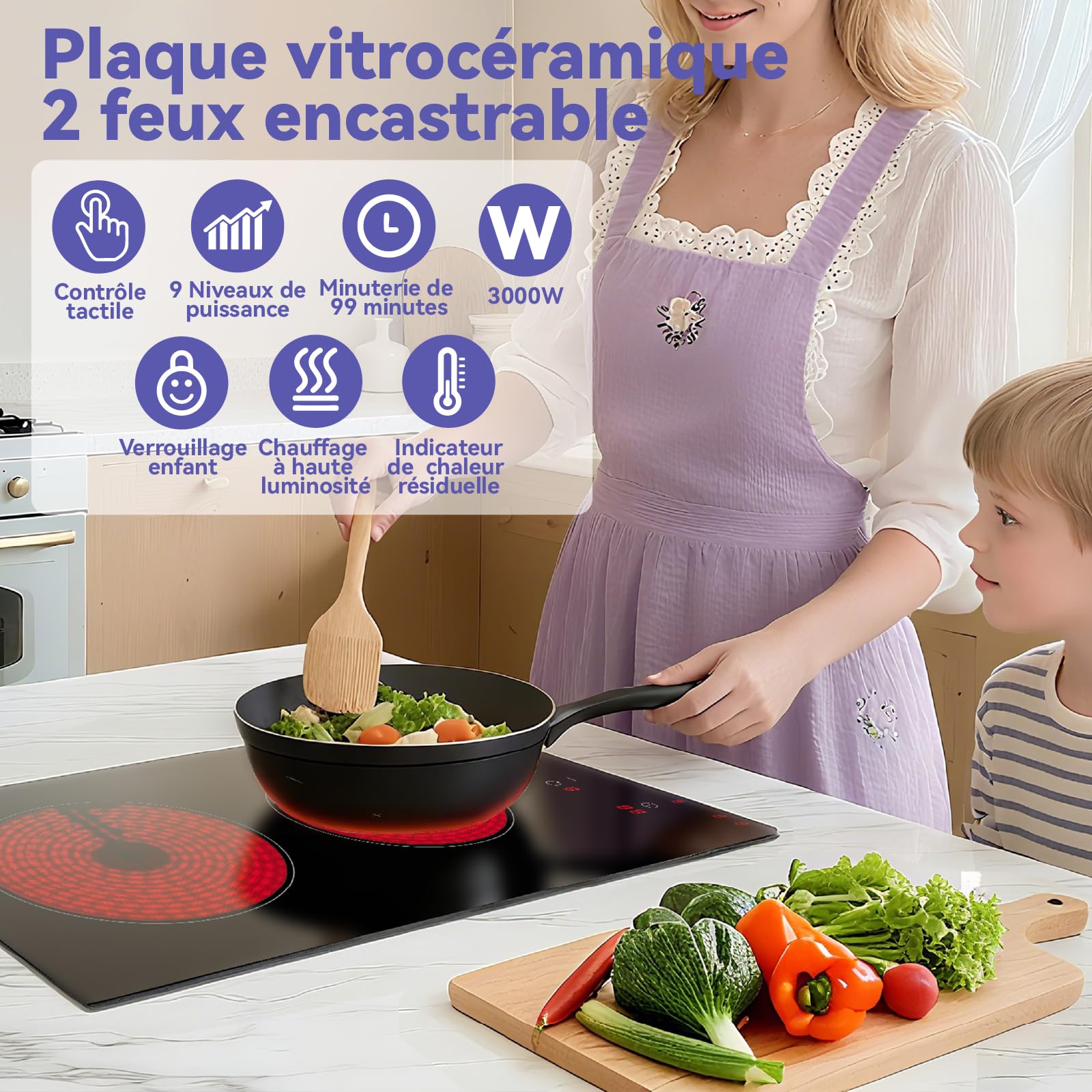 Plaque Vitrocéramique 2 Feux Encastrable 52x29cm 3000W Contrôle Tactile 9 Niveaux de Puissance Minuterie 99min Verrouillage Enfant