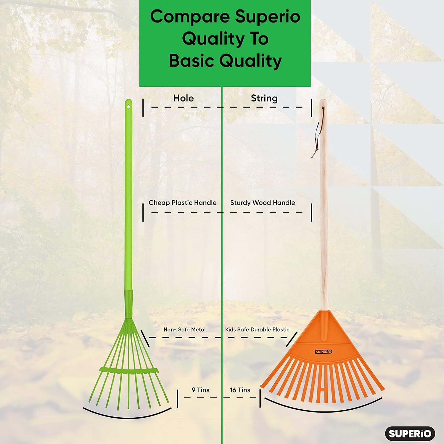 Kids Rake with Hardwood Handle, Durable Plastic Head to Sweep Leaves in Lawn and Tidying Up The Garden, 34" (Orange), 6 Pack