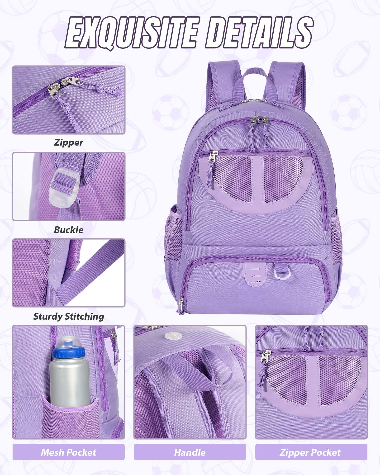 TRAILKICKER Mochila de baloncesto de 30 L, bolsa de fútbol morada con soporte para pelota, compartimento para zapatos, resistente al agua, transpirable, mochila multideportiva para voleibol, fútbol