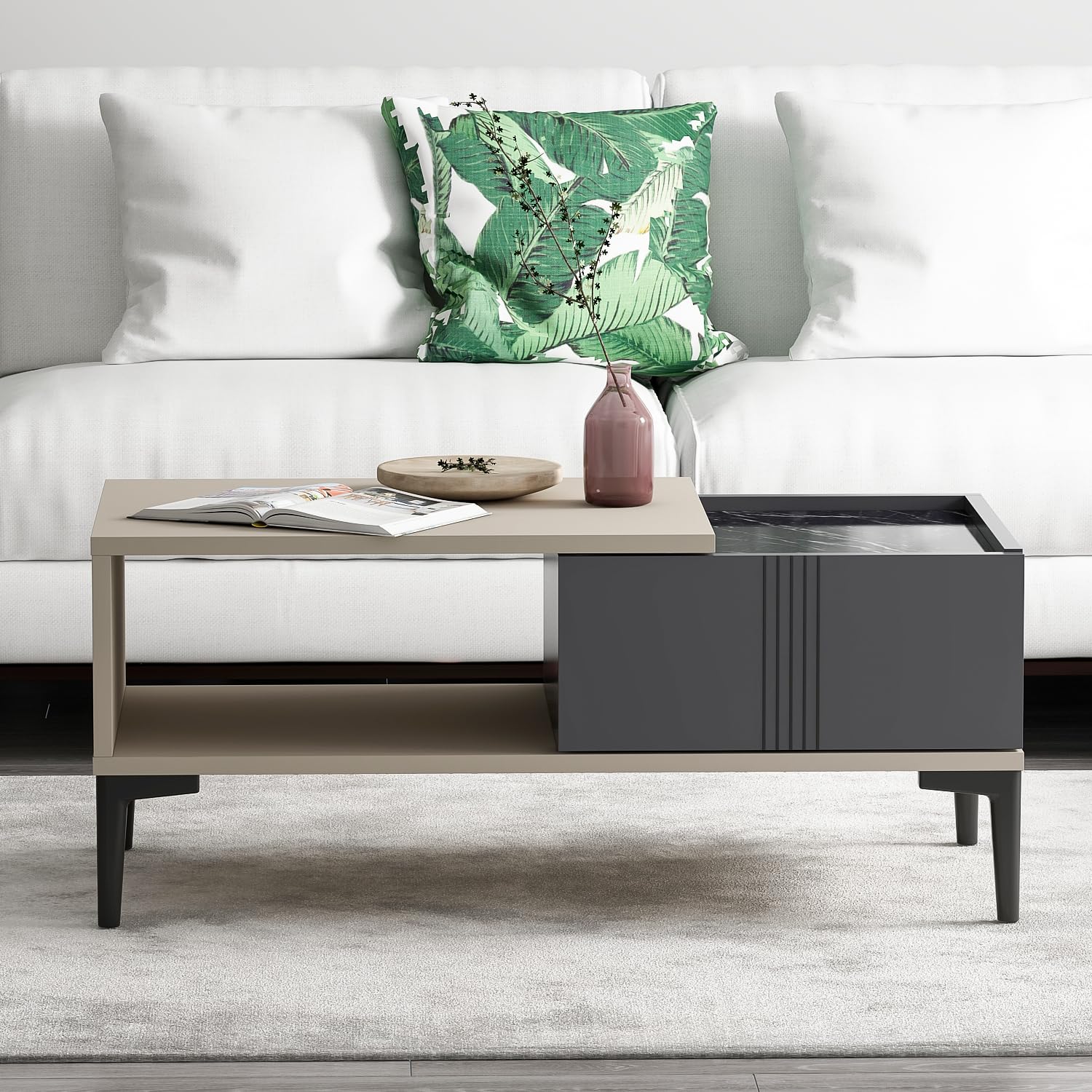 Homidea Modena - Tavolino da salotto con vano portaoggetti da 90 cm, moderno design scandinavo con spazio di archiviazione, tavolino rettangolare per salotto (beige