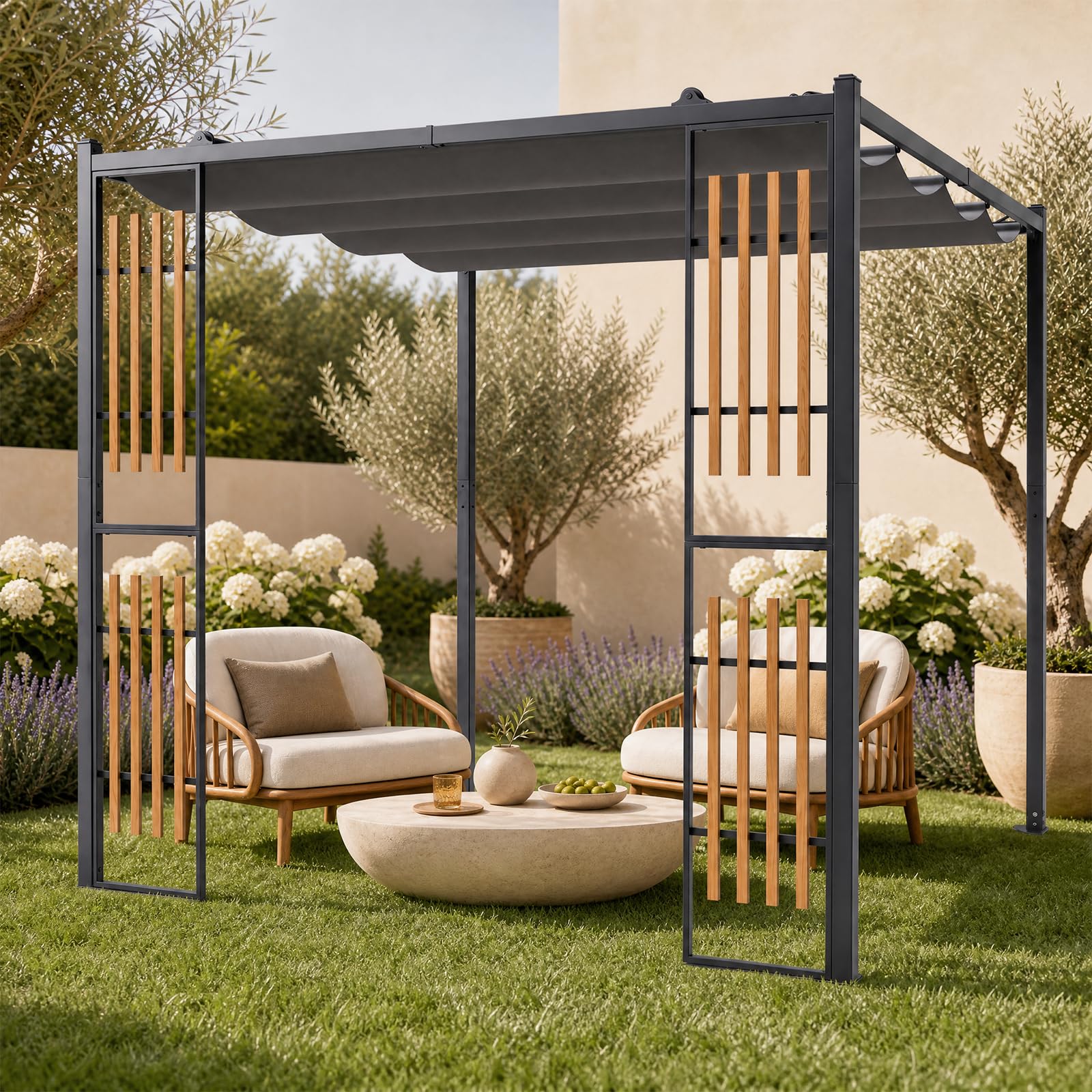 GOPLUS 2,32x2,32 M Pérgola de Jardín con Techo Retráctil y Pantallas | Cenador Cuadrado para Exteriores con Laterales Ajust, Lona de Poliéster, Estructura Metálica, Pabellón para Terraza, Gris