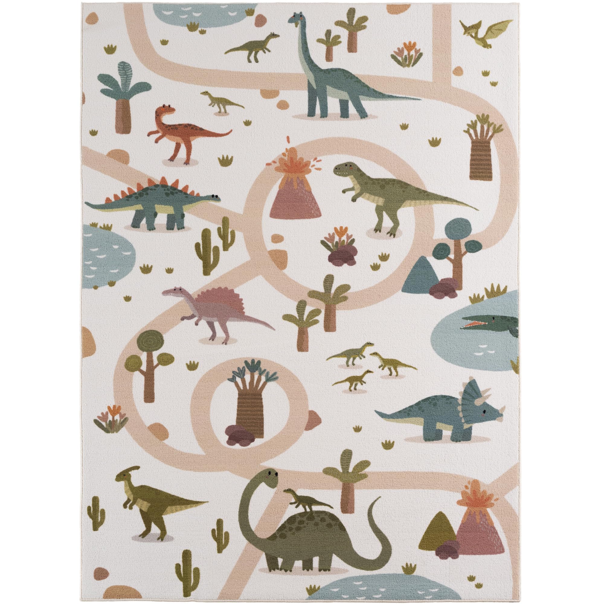 Carpetsale24 Kinderteppich Dinosaurier Spielteppich für Kinderzimmer in Creme Dino Motiv mit Straßen Größe 140x200 cm für großzügige Spielflächen
